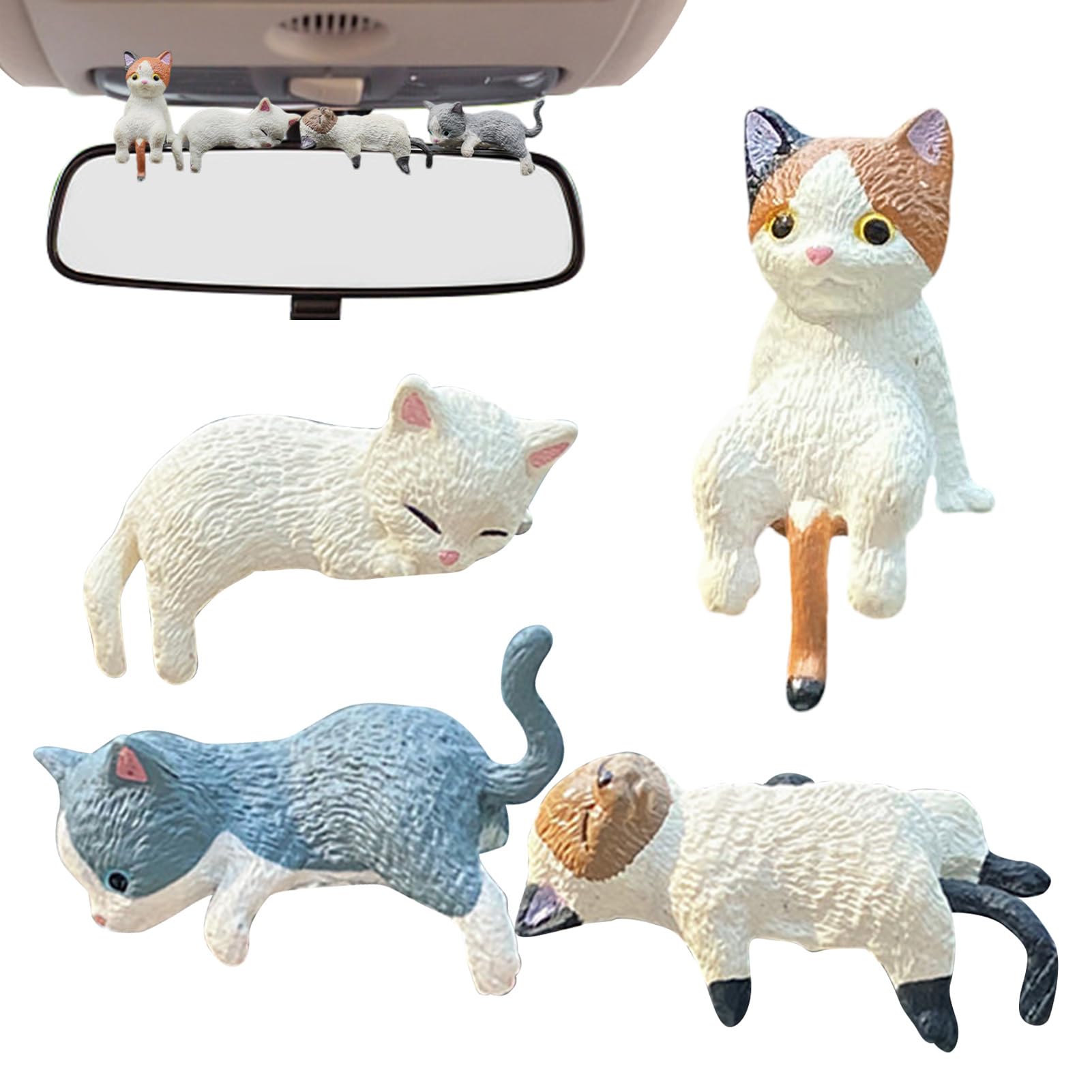 4 Pieces Cute Mini Cat Figures Resin Car Interior Decoration Rear View Mirror Ornaments Miniature Cat Ornaments Funny Collectible Figurines For Car Home Motorbike Motorcycle