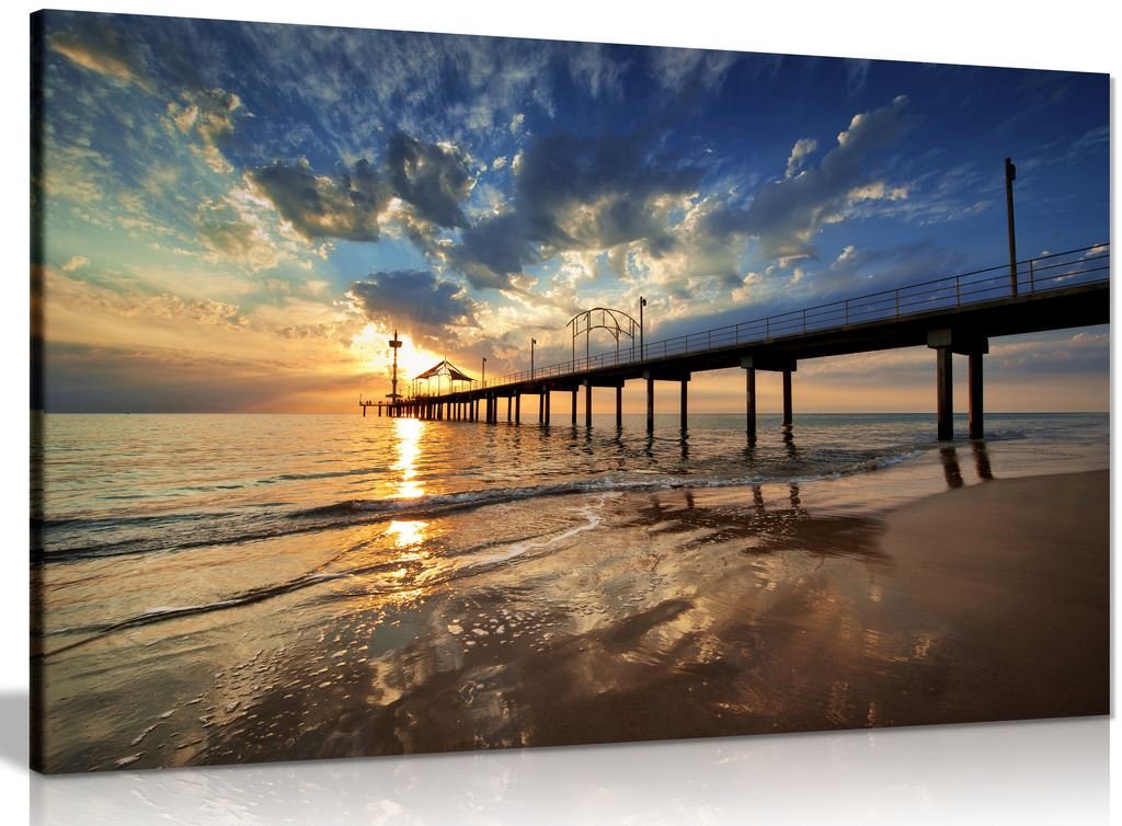 Panther Print Multicolor Pier At Sunrise Sea Canvas Wall Art Picture Print (18X12in)