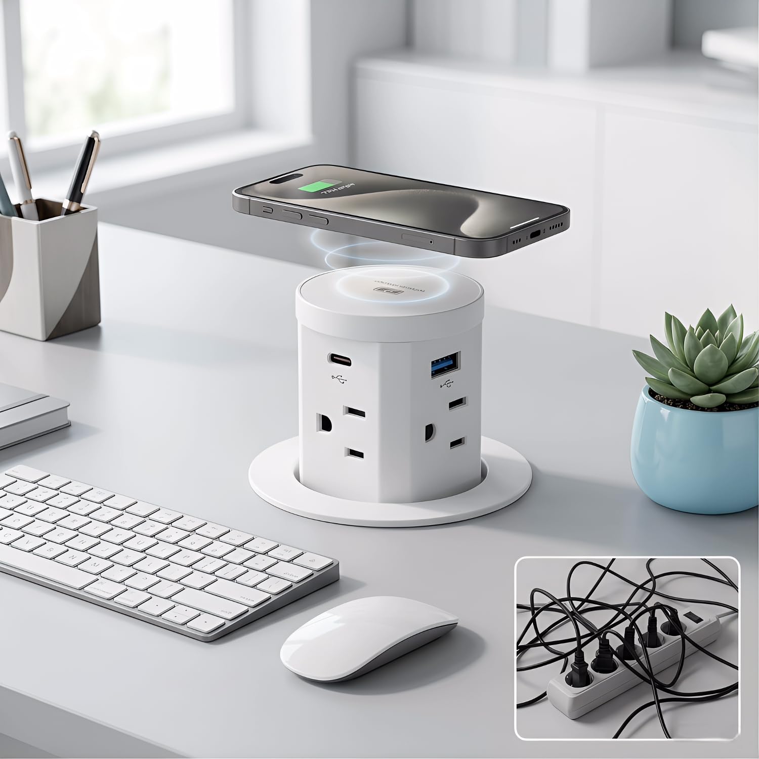 2.36" Pop Up Countertop Outlet, Pop Up Outlet with 15W Wireless Charger, Fits Standard Desktop Grommet Holes, No Extra Drilling, 4 AC Outlets, 2 USB-A & 2 USB-C PD 20W Fast Charging, Qi Compatible