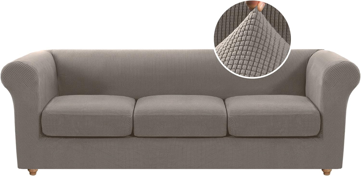 LINGKY Stretch Chesterfield Sofa Cover 3 Seater With 3 Separate Sofa Cushion Covers, Jacquard Spandex Non-Slip Sofa Slipcovers for Living Room Furniture Protector (Taupe,3 Seater)