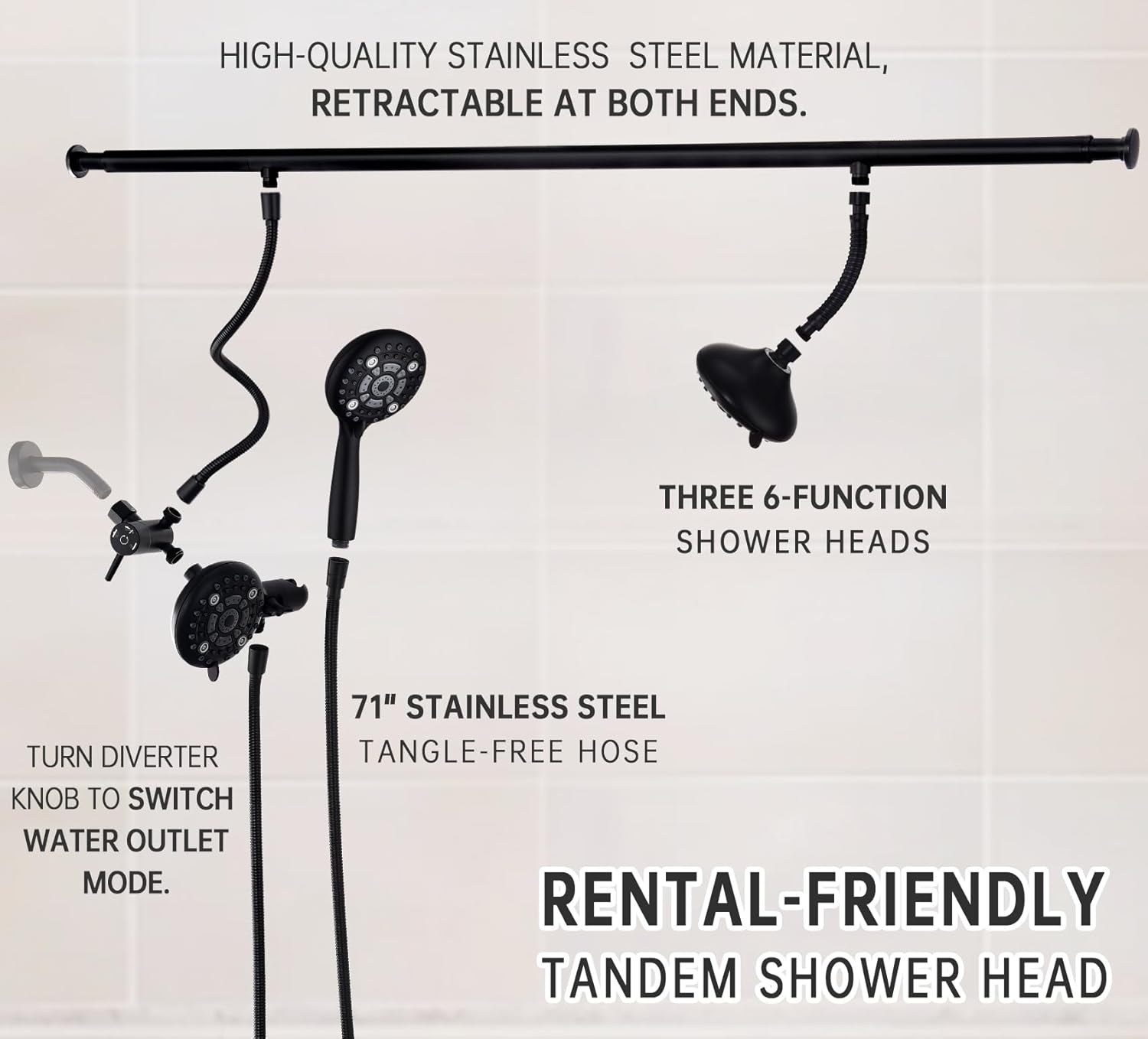 dual shower head for couples, high pressure and adjustable multimodal tandem shower head system for two people rod, 3-setting diverter with holder, 71 inch extra long hose (matte black) 3 showerheads matte black