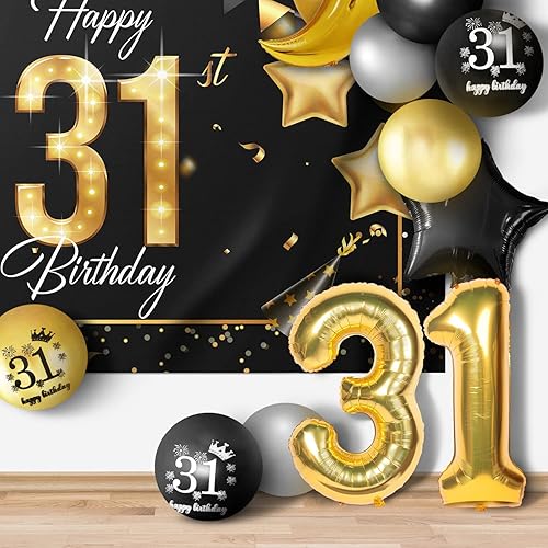 Miniatura 6 de Juego de globos dorados de feliz cumpleaños número 31 – Saludos a los 31 años de edad, guirnalda temática de fiesta con estrellas y luna, decoración