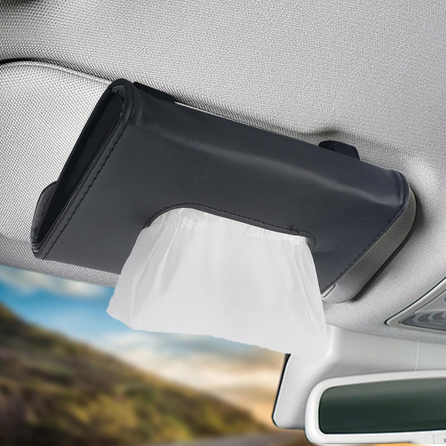 1pcs Car Tissue Holder for Audi Q2,PU Leather Sun Visor Tissue Box Holder,Multifunctional Non-Slip Sun Visor Hanging Paper Towel Clips Holders,Black
