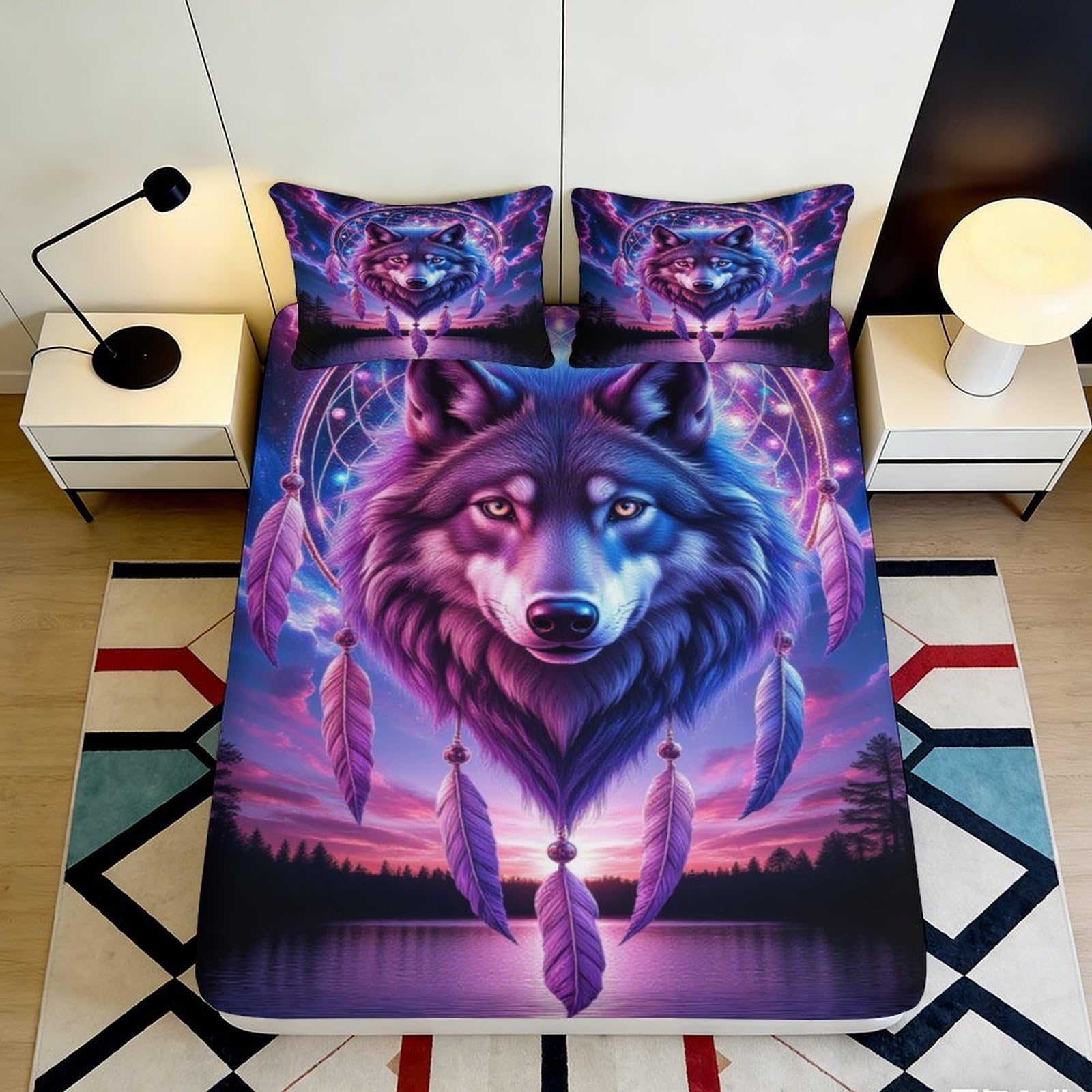 3D Printed Wolf Dreamcatcher Fitted Sheet Microfiber Anti-Slip Bed Cover Purple Art for Bedroom Guestroom Décor 180x200x25cm
