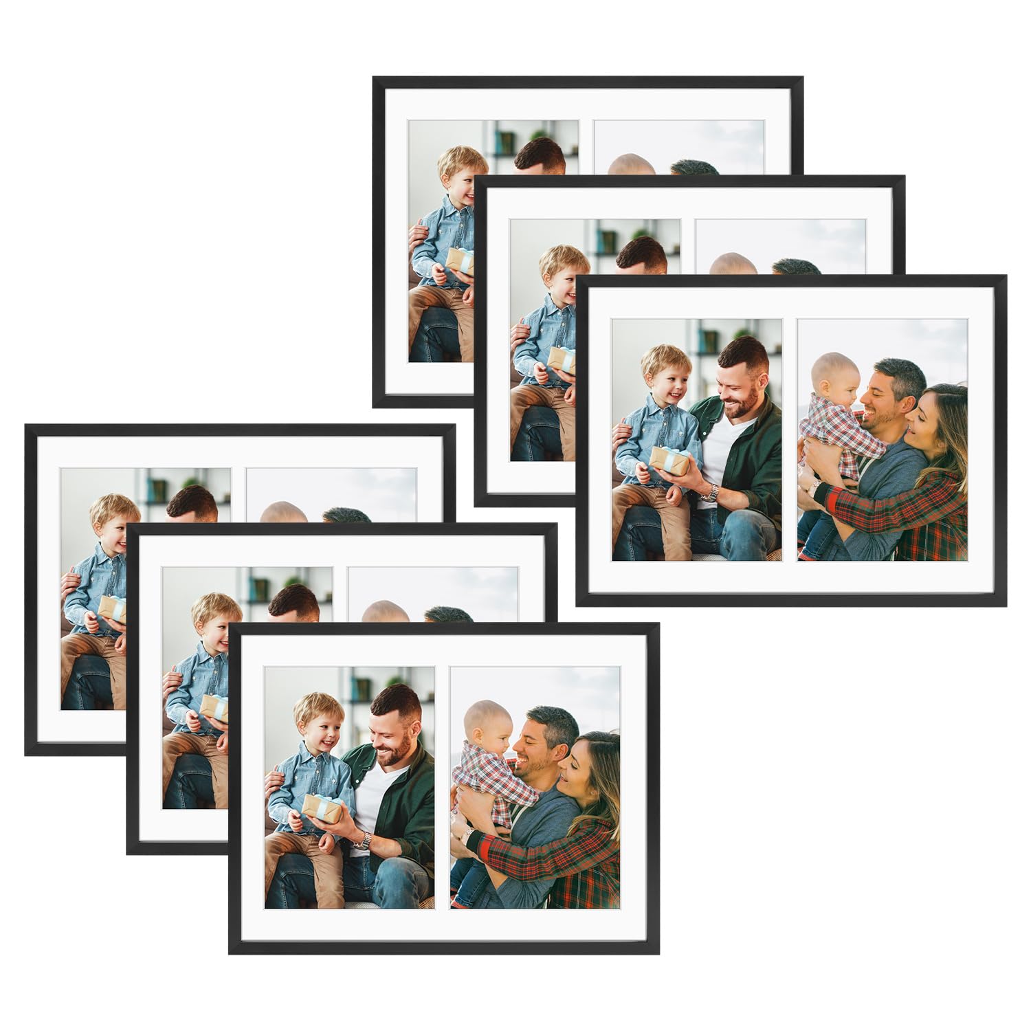 Golden State Art, 5x7 Aluminum Collage Frame, Display 7x5 Pictures With 2 Openings Mat or One 8.5x11 Photo, Real Glass, Portrait/Landscape Wall Display, Black, 6 Pack