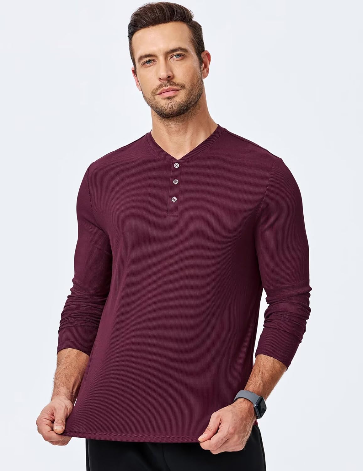 Men's Henley Shirt Fall Crewneck Solid Color Slim Fit Long Sleeve T Shirts Button Up Tees - Image 4