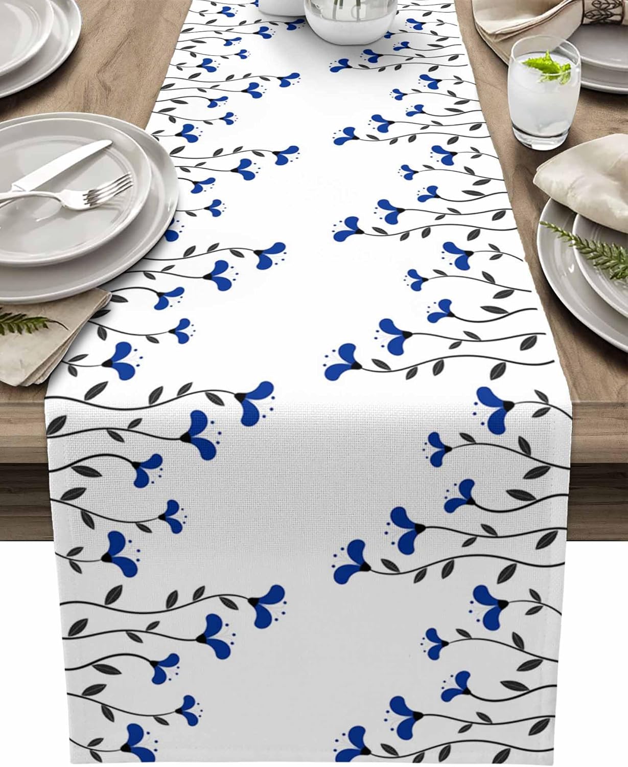 Geometric Navy Blue Flower on White Table Runners Dresser Scarves,Non-Slip Rectangular Tabletop Runner Garden Floral Art Dining Tables Dress Scarf for Kitchen Decor 13x108in