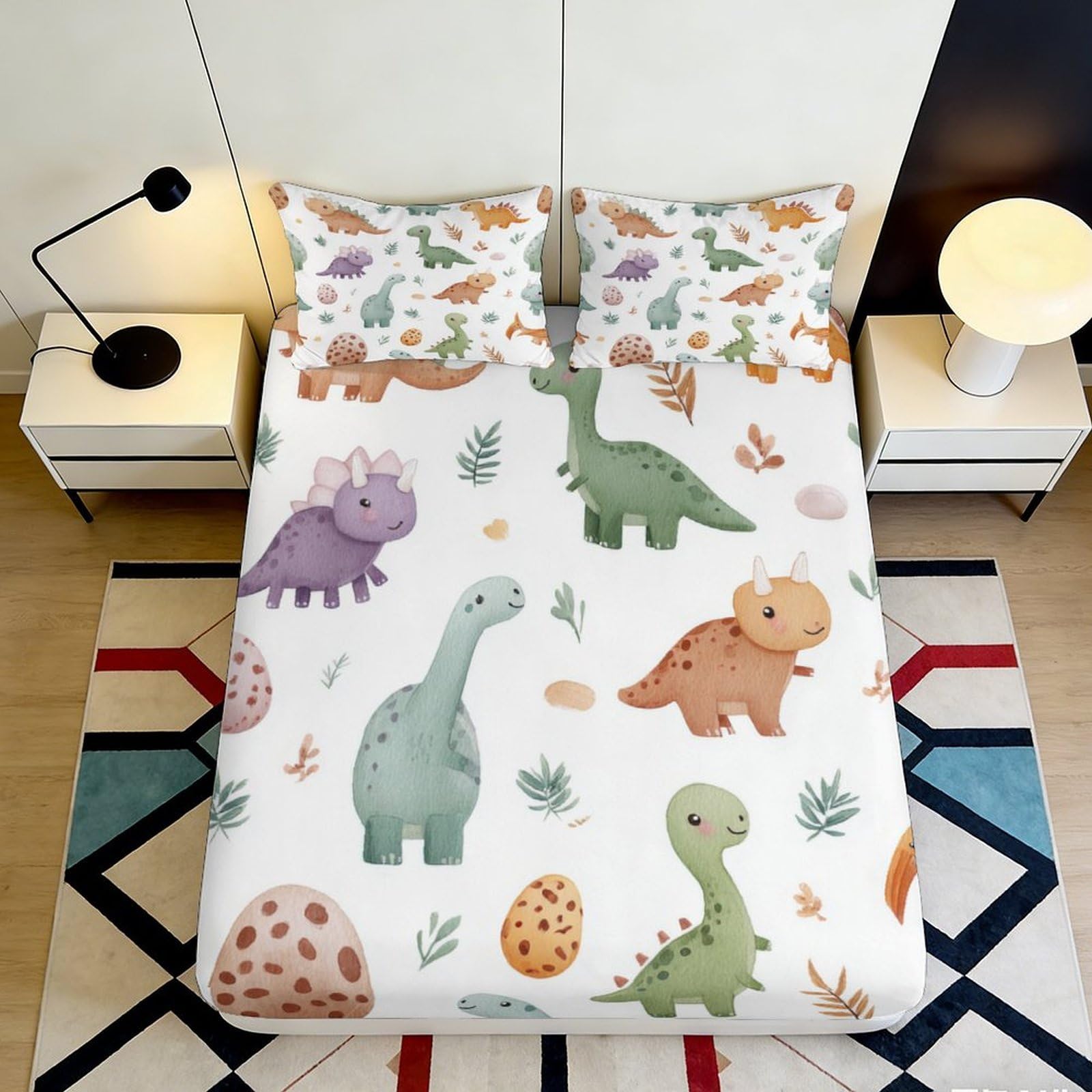 3D Printed Dinosaur Pattern Fitted Sheet Microfiber Soft Breathable Cute Dino Eggs Bed Cover for Bedroom Dormitory Guest Room Mattress Protection 120x200x25cm