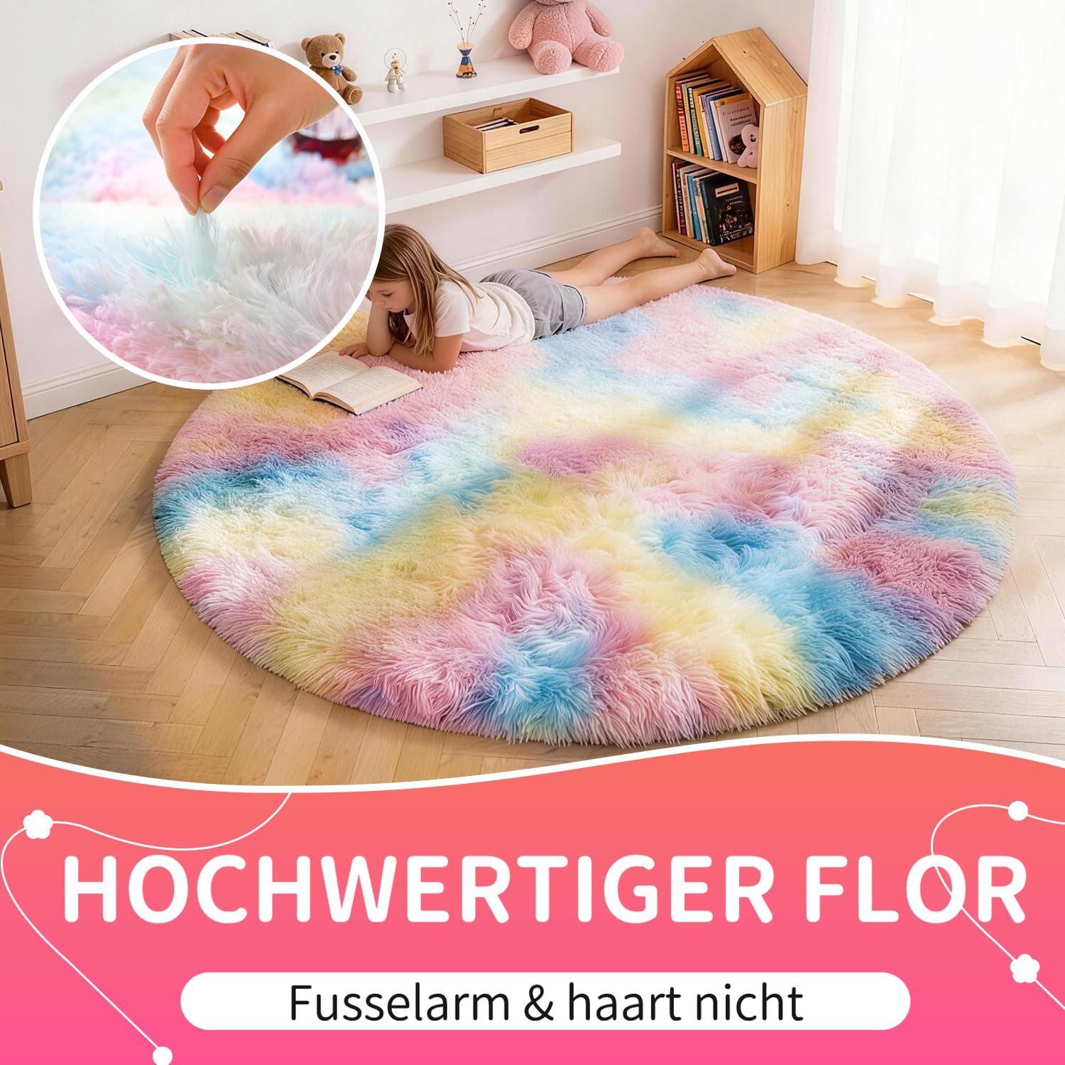 Teppich Kinderzimmer Rund 100 cm Regenbogen | Waschbar, Kinderzimmer Mädchen Junge, OEKO-TEX Zertifiziert, Schlafzimmer, Flauschig, Rutschfeste Unterseite