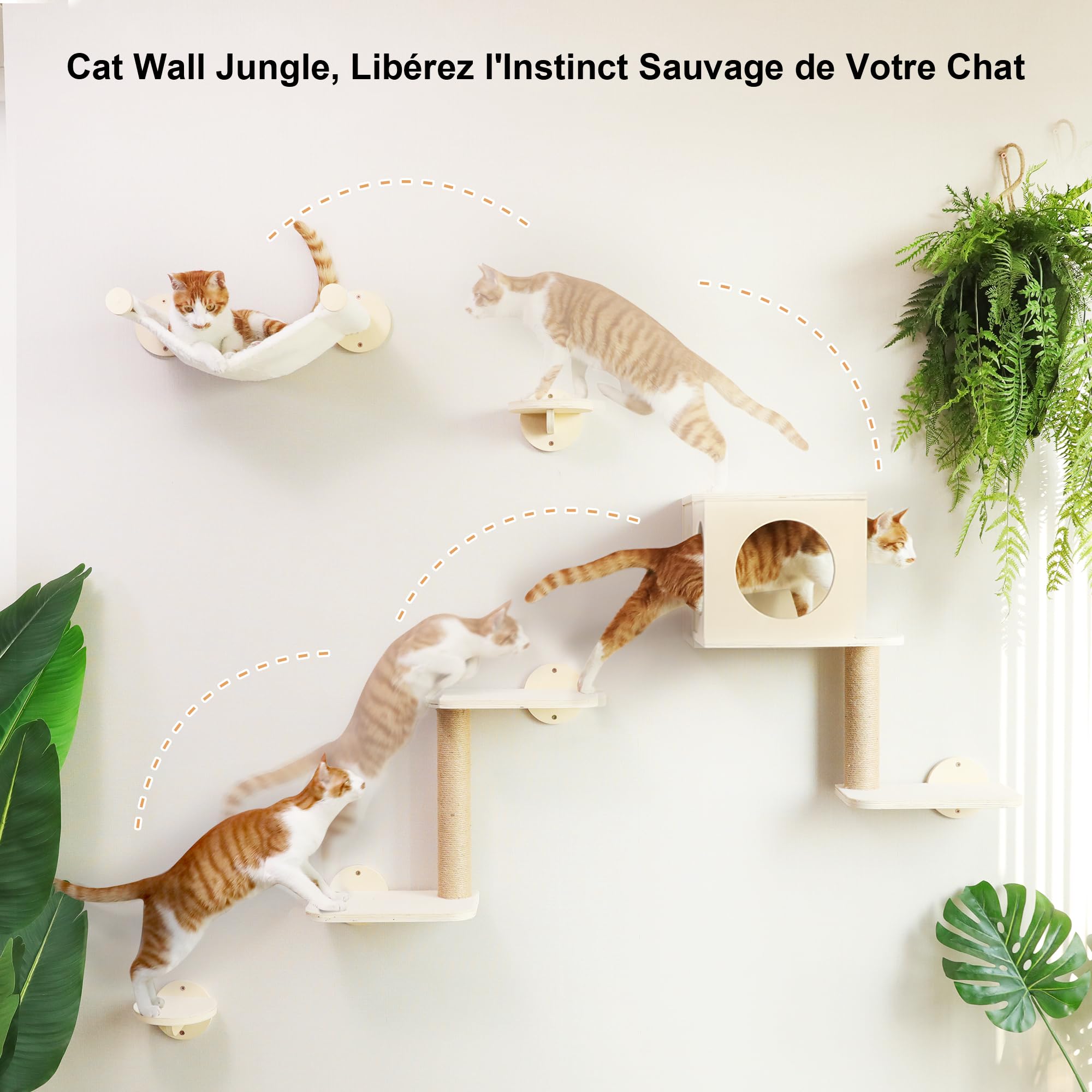 FUKUMARU Étagères Murales pour Chat, Set de 5 Meubles Muraux, Grimpeur en Bois Stable avec Hamac, Maison, Marches et Poteau à Griffer, Beige