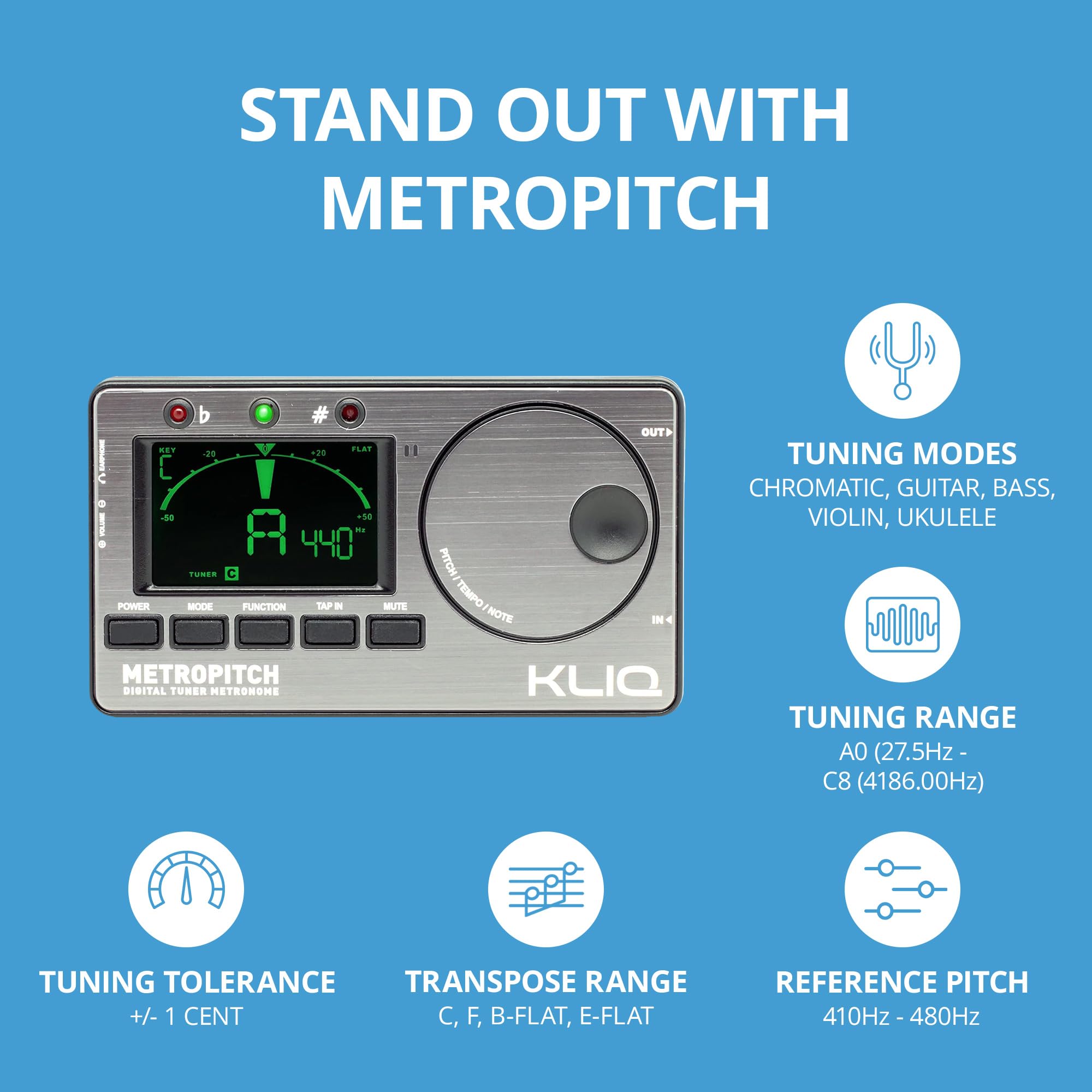 KLIQ MetroPitch - Accordatore metronomo per tutti gli strumenti, con modalità di accordatura cromatica per chitarra, basso, violino, ukulele e accordatura cromatica, generatore di toni, custodia