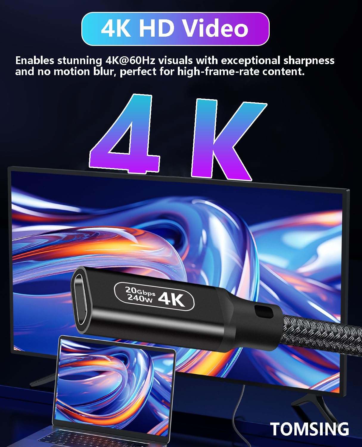 Cavo di prolunga USB C da 240 W, 20 Gbps, 4 K a 60 Hz, extra lungo, USB 3.2 tipo C maschio a femmina, prolunga per ricarica e sincronizzazione per smartphone, tablet, laptop, PlayStation, Xbox