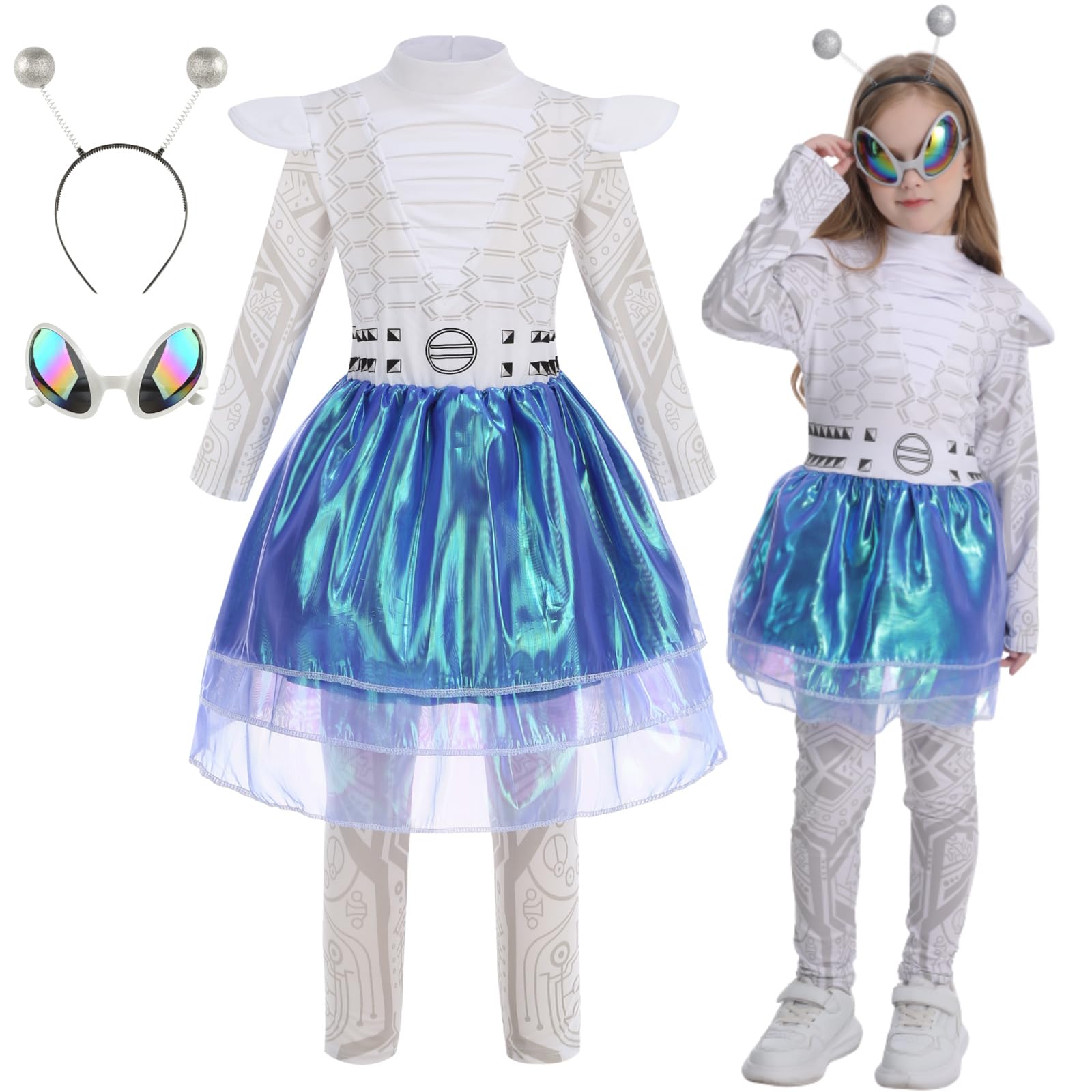 maxToonrain Kids Alien Costume Set for Girls, Alien Dress with Backpack, Sunglasses, Headband, Halloween Cosplay Outfit for Child (Blue White, 8-10 years) — image 1