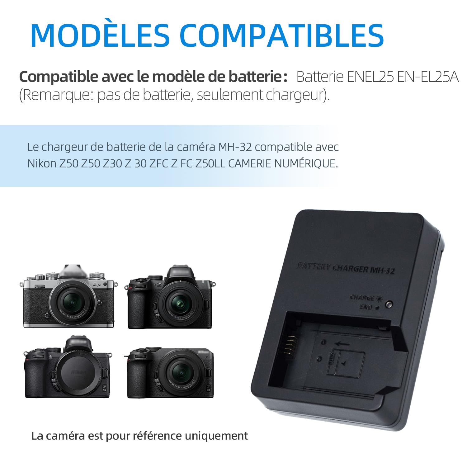 MH-32 Chargeur de Batterie Appareil Photo MH32 pour ENEL25 EN-EL25a Compatible avec Nikon Z30 Z50 ZFC Z50II Appareil Photo Micro sans Miroir