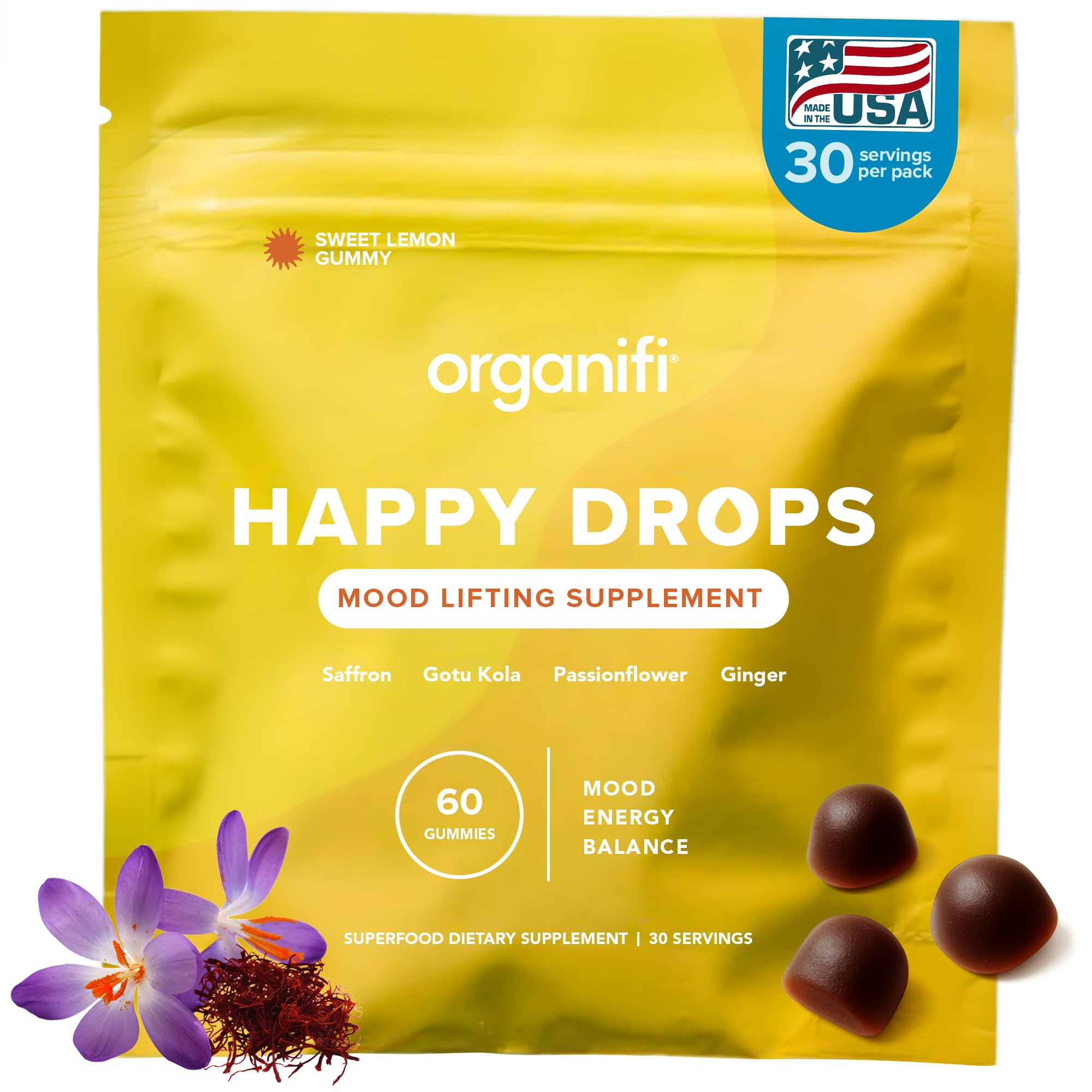 Organifi Happy Drops - Daily Superfood Happy Gummies for Adults - Mood Support Supplement for Balance, Bliss, Energy and Taking The Edge Off - Sweet Lemon Flavor - 60 Gummies