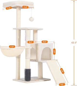 Heybly キャットツリーとキャットセルフグルーマーブラシ、キャットタワーコンドミニアム屋内猫用パッド入りプラッシュパーチ、バスケットスクラッチボードポスト付きキャットハウス、ベージュ HCT005SM