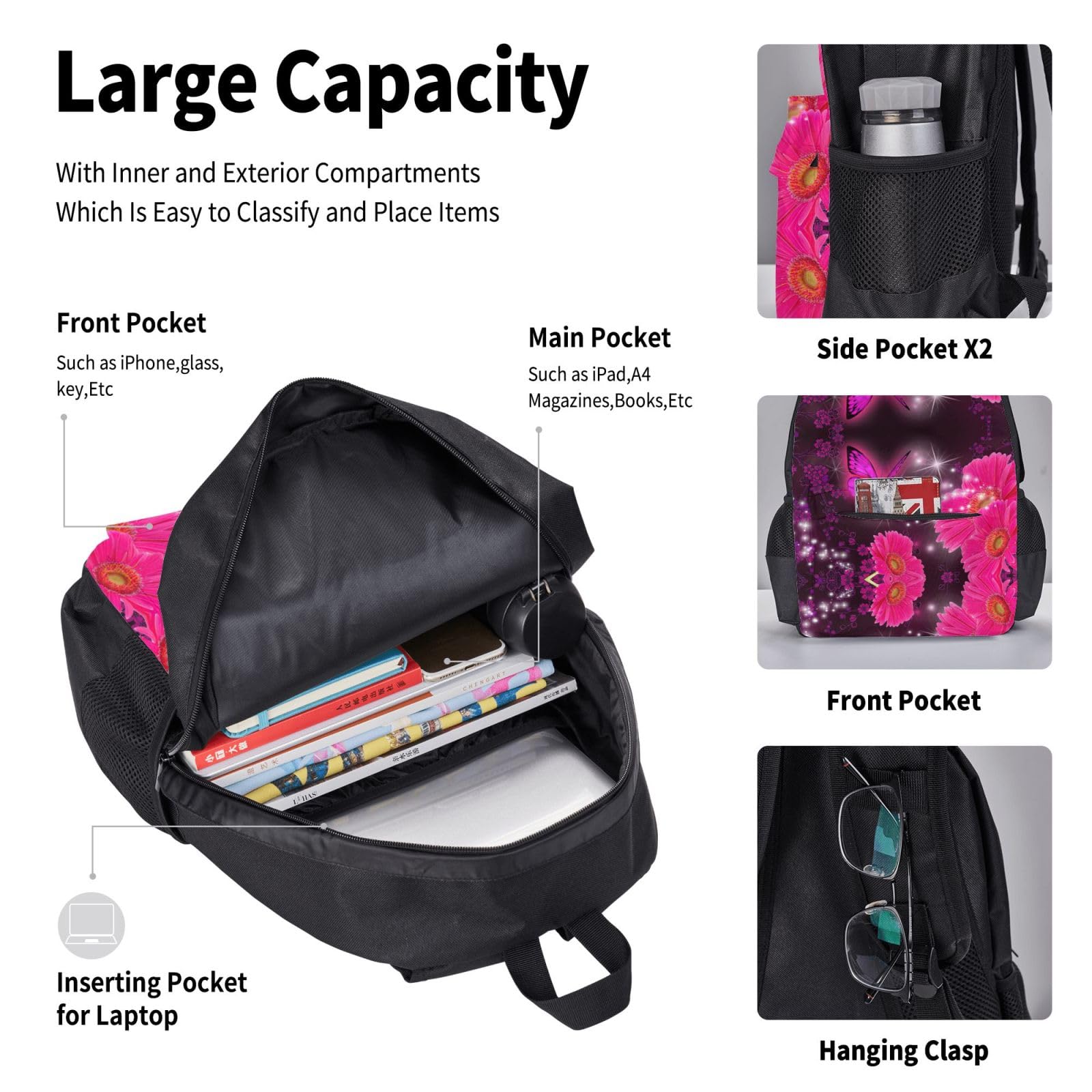 Juego de 3 mochilas escolares con estampado de mariposas moradas y flores rosadas, mochila para laptop resistente al agua de gran capacidad con bolsa de almuerzo aislada y estuche para lápices para