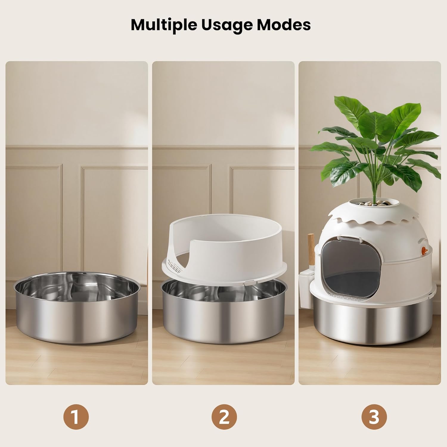 Hidden Litter Box, Stainless Steel Litter Box with Faux Plant Decor, Litter Box Enclosure with Clear Front Door, Includes Scoop & Litter Mat, Odor Control, Easy to Clean (White)