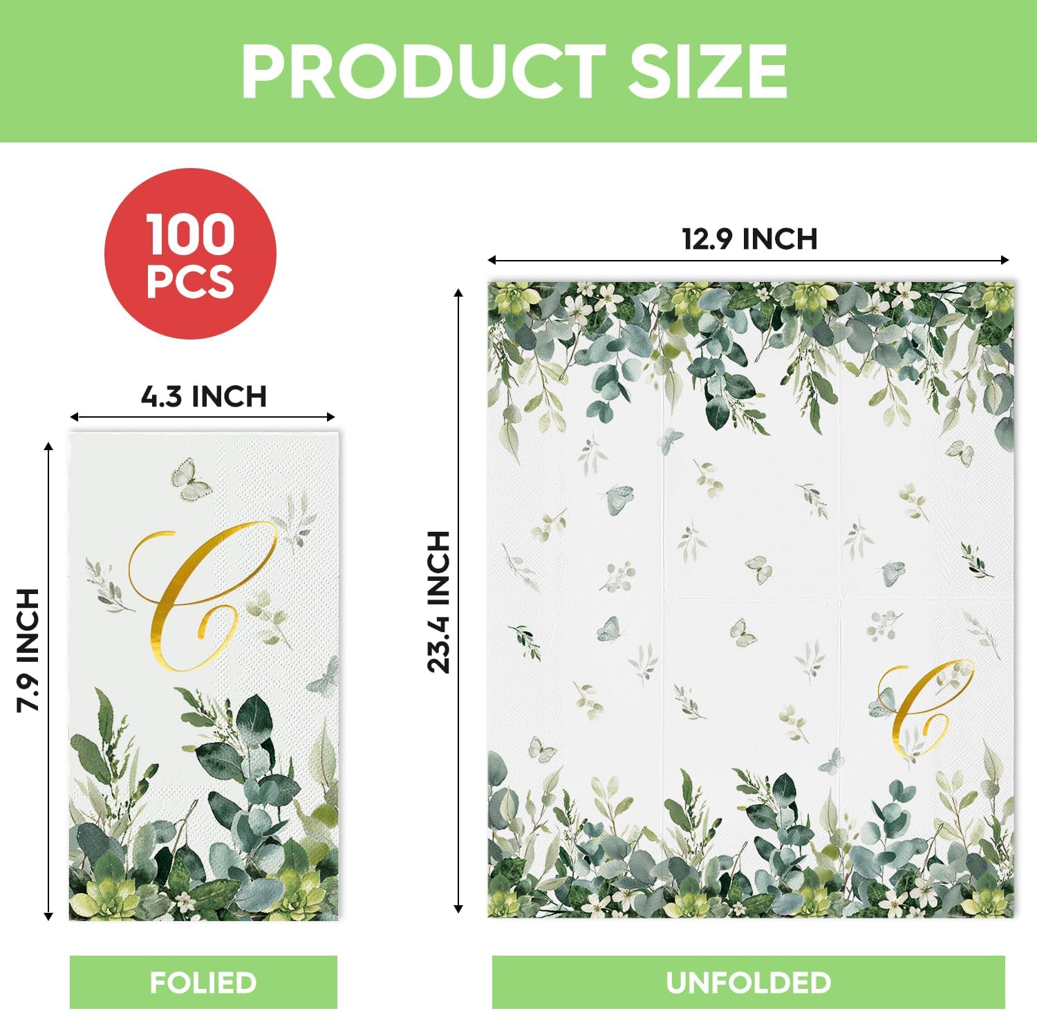 Horaldaily 100 Spring Disposable Paper Decorative Guest Napkins, Watercolor Eucalyptus Monogram Gold Foil Letter C for Party Bathroom Wedding Birthday Baby Shower image 5