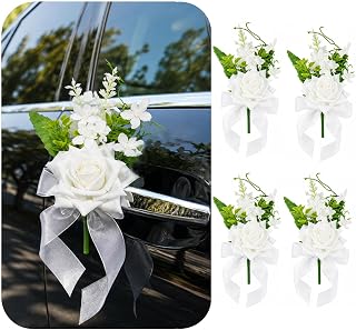 Hochzeits-Autotürgriff Blumen mit Band, 4 Stück weiße künstliche Rosen, DIY-Krawatten-Braut-Auto-Dekorationen für Just Married Getaway, Hochzeit, Verlobung
