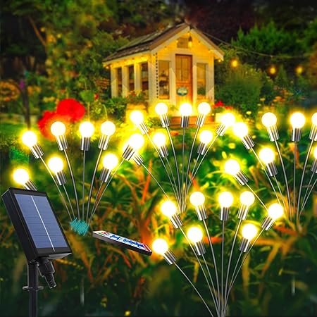 Amazm 2 Pack Firefly Outdoor Solar Lights | 6 LED | Starburst Swaying Solar Garden Light, Warm Garden Light | Outdoor Decoration | Waterproof | Path Lights for Pots, Balcon, Pathway