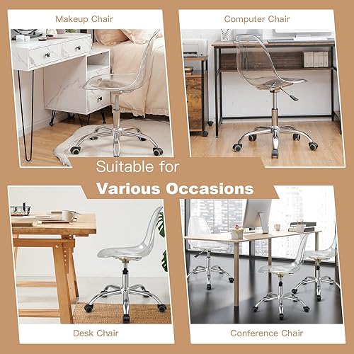 Miniatura 5 de Giantex Silla de escritorio de acrílico, silla enrollable de oficina transparente sin brazos, silla fantasma de ocio ajustable con base cromada,