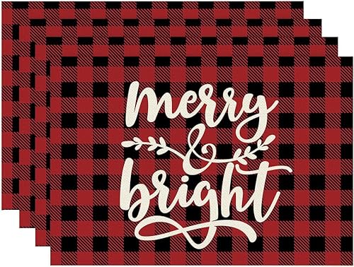 Merry and Bright Placemats Set of 4 Red and Black Plaid Place Mats Washable Tabl