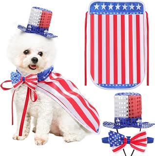 JaGely 3 Pcs 4th of July Dog Outfit Patriotic Dog Costume Set Includes Top Hat, American Flag Bow Tie Collar and Cape Memorial Day Pet Outfit for Dogs Cats Puppy Kitten(L)