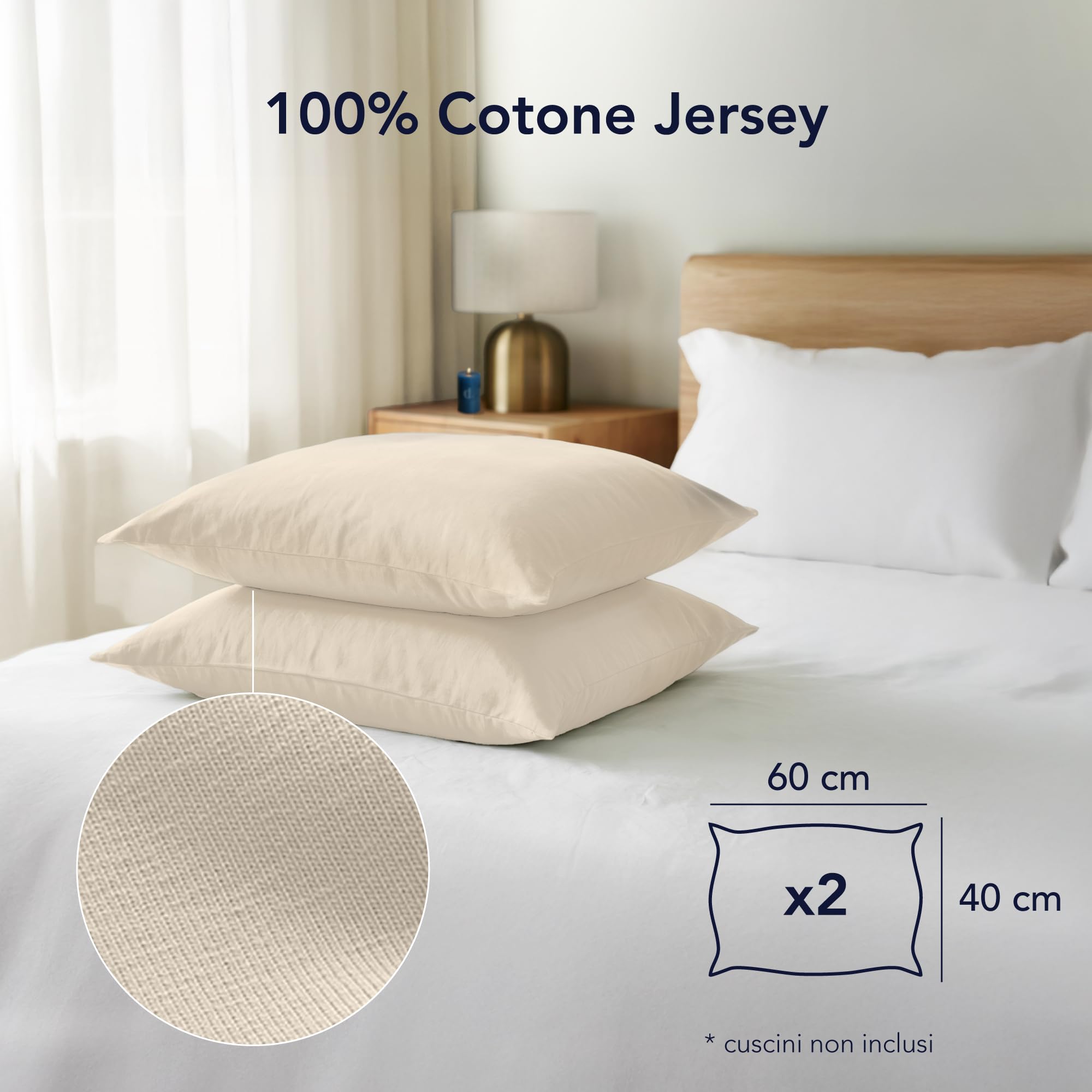Federa In Jersey Di Cotone 100% Con Cerniera, 40x60 Cm, Colore Beige, Morbida E Traspirante, Alreya