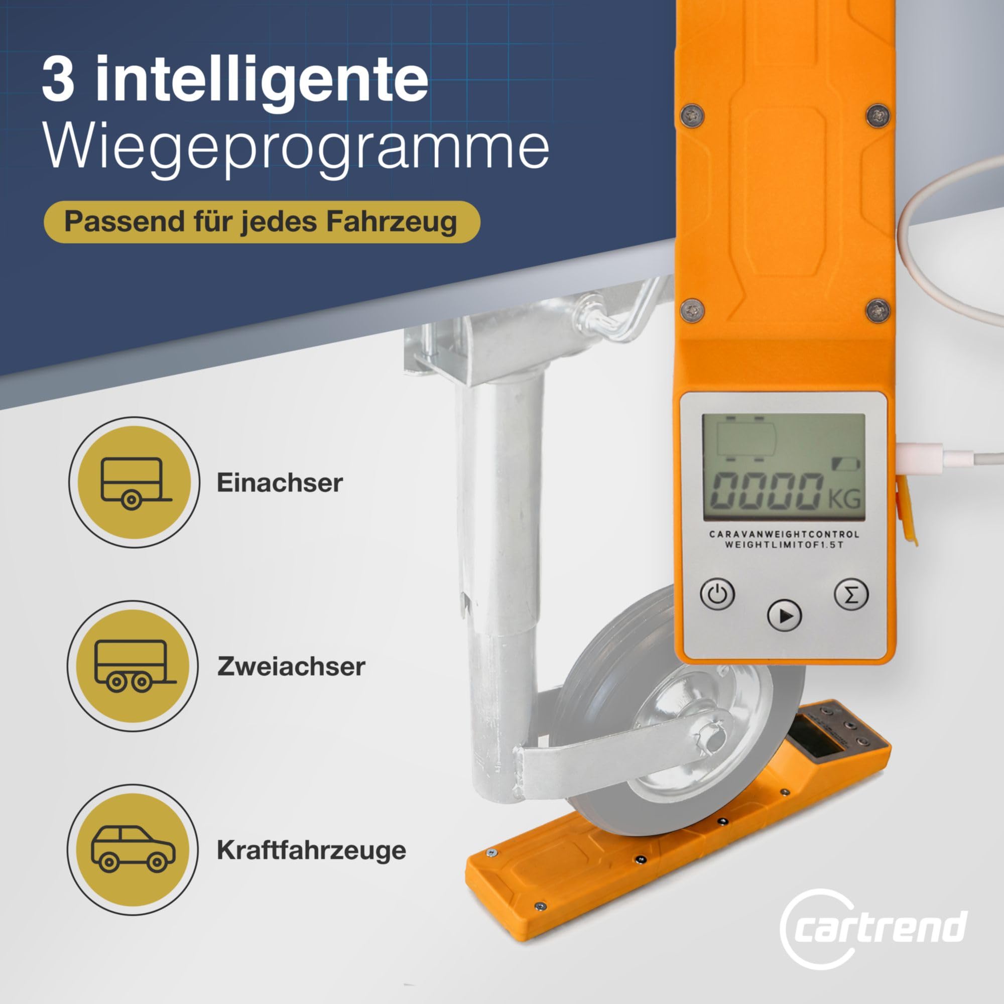 cartrend Fahrzeugwaage | präzise Waage für PKW, Anhänger, Wohnmobile | 1500 kg pro Rad | sicher & zuverlässig | mit DREI Wiegeprogrammen & digitaler Anzeige | tragbar & wiederaufladbar | orange