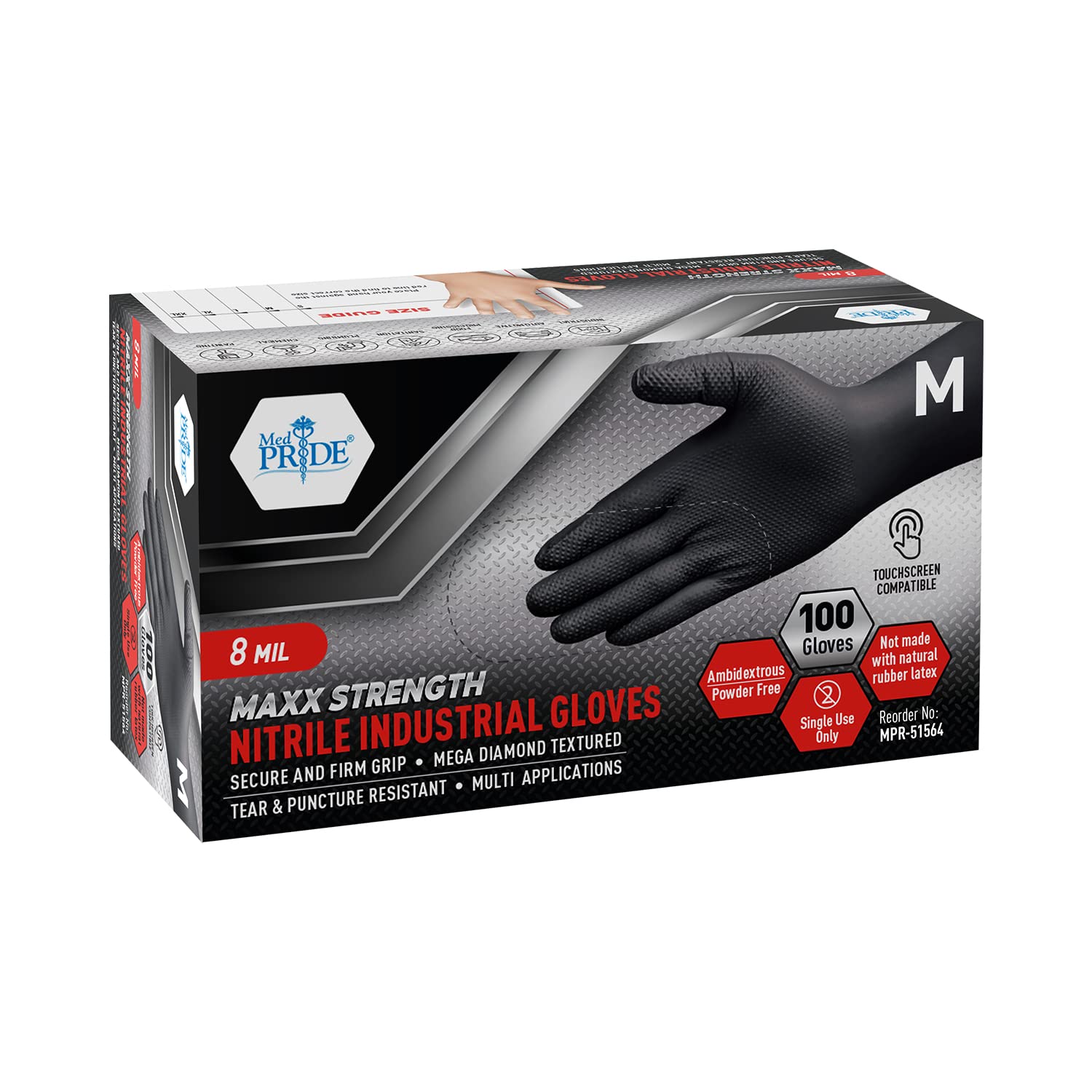 MED PRIDE Maxx Strength Nitrile Industrial Black, 8 Mil Thick - Diamond Texture Disposable Heavy-Duty, Tear-Resistant