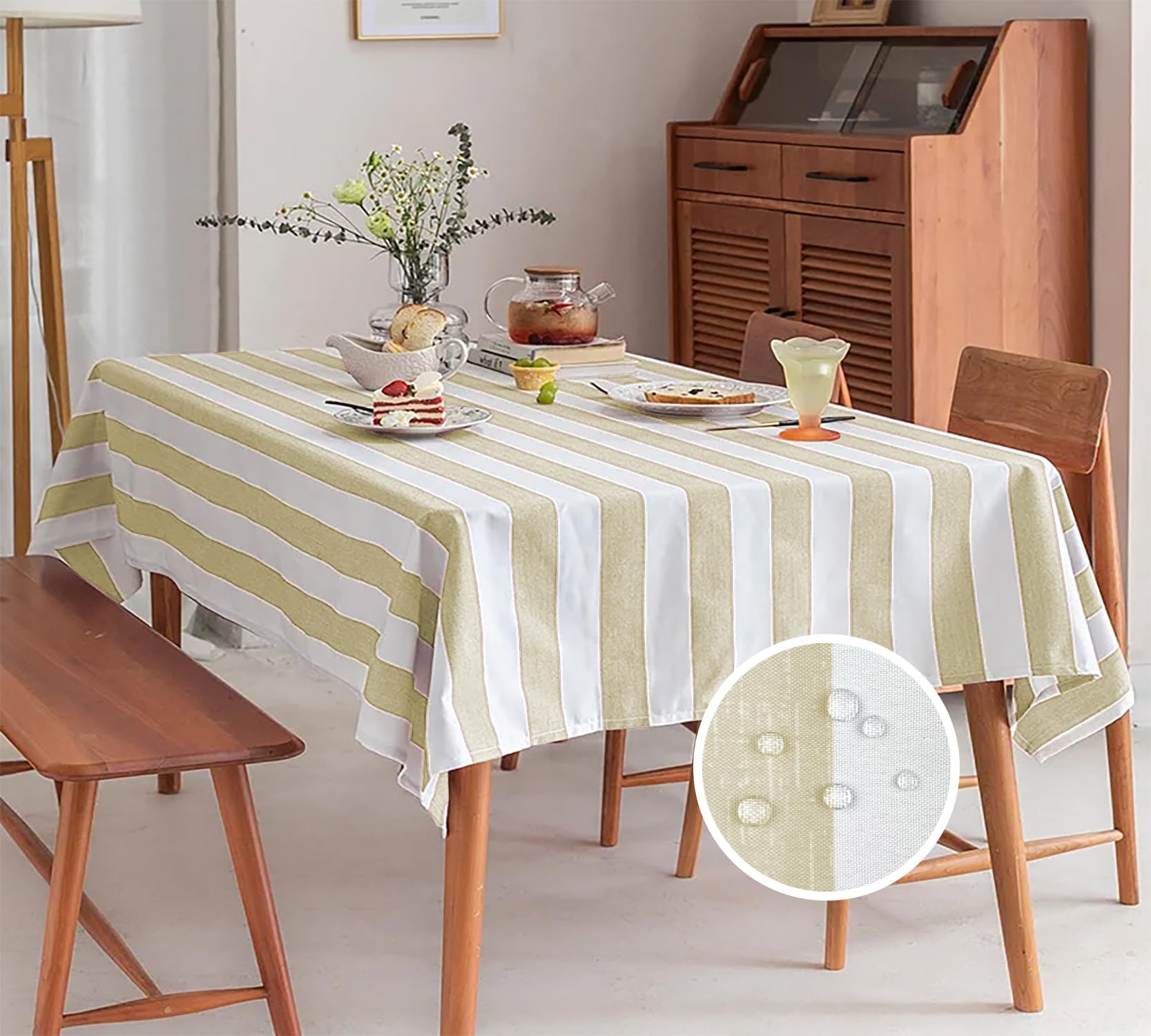 Tovaglia Antimacchia Idrorepellente Fantasia Rigata In Tutte Le Misure Antiscivolo Proteggi Tavolo Copritavolo A Righe Quadrata Rettangolare Cucina Salotto Interno Esterno Riga Beige 140 X230cm