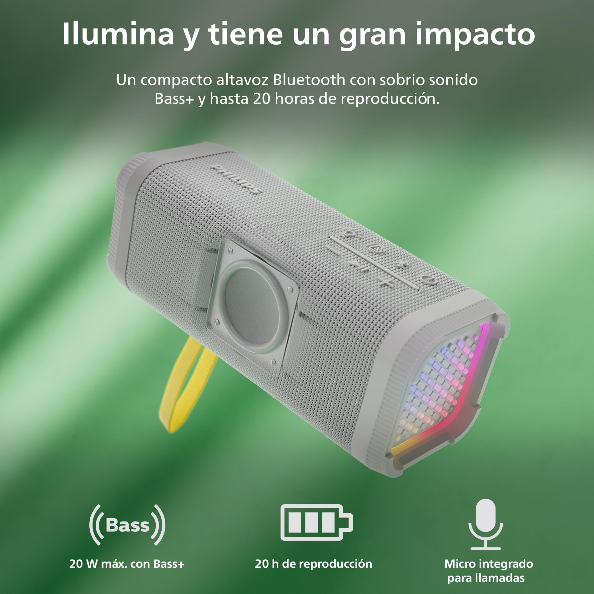 Philips TAS2000W Altavoz Inalámbrico Bluetooth con Juego de Luces LED, Bass+ de 20W, Auracast, 20h Reproducción, Resistencia Salpicaduras IPX5, Reproducción USB, Micro, Control por App – Blanco
