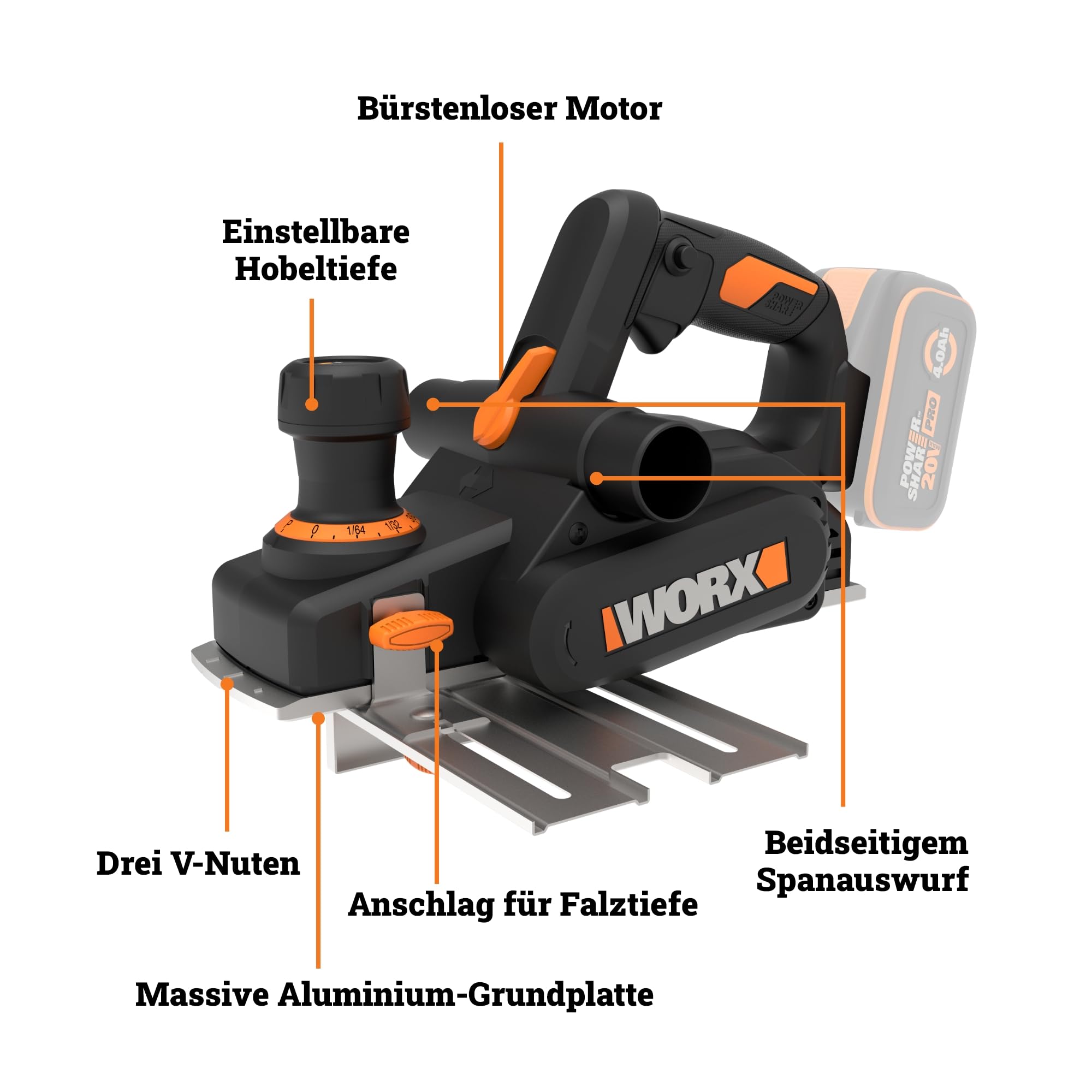 WORX WX620.9 Akku Hobel 20V, 82 mm Hobelbreite, Brushless Motor, 0–2 mm Spanabnahme, Falztiefe 0–8 mm, V-Nut für Fasen, integrierte Spänesack & Parallelanschlag, ohne Akku & Ladegerät