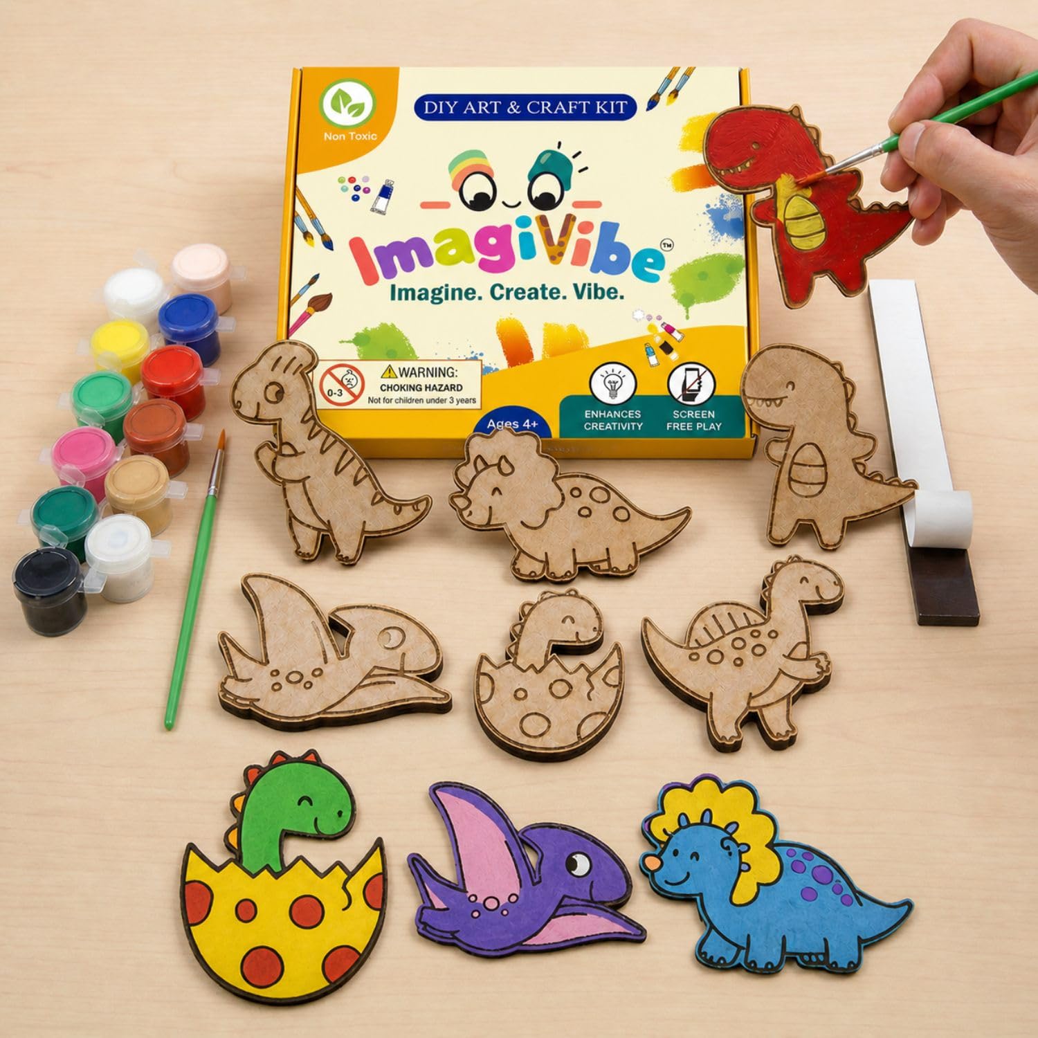 ImagiVibe Paint Your Own Dino Fridge Magnets Kit for Kids | 6 MDF Dinosaur Cutouts DIY Painting Activity with Colours & Brush | Creative Screen-Free Art & Craft Kit | Made in India (Dinosaurs)-image-9