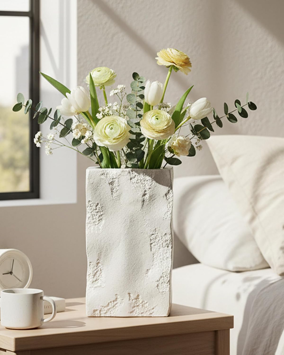 Cream Large Ceramic Vase, 10.6 Inch OOSTONEE Organic Square Rock Textured Unique Flower Vase, Nordic Modern Boho Decorative Style, Must-Have for Shelf, Home, Living Room, Bookshelf Decor