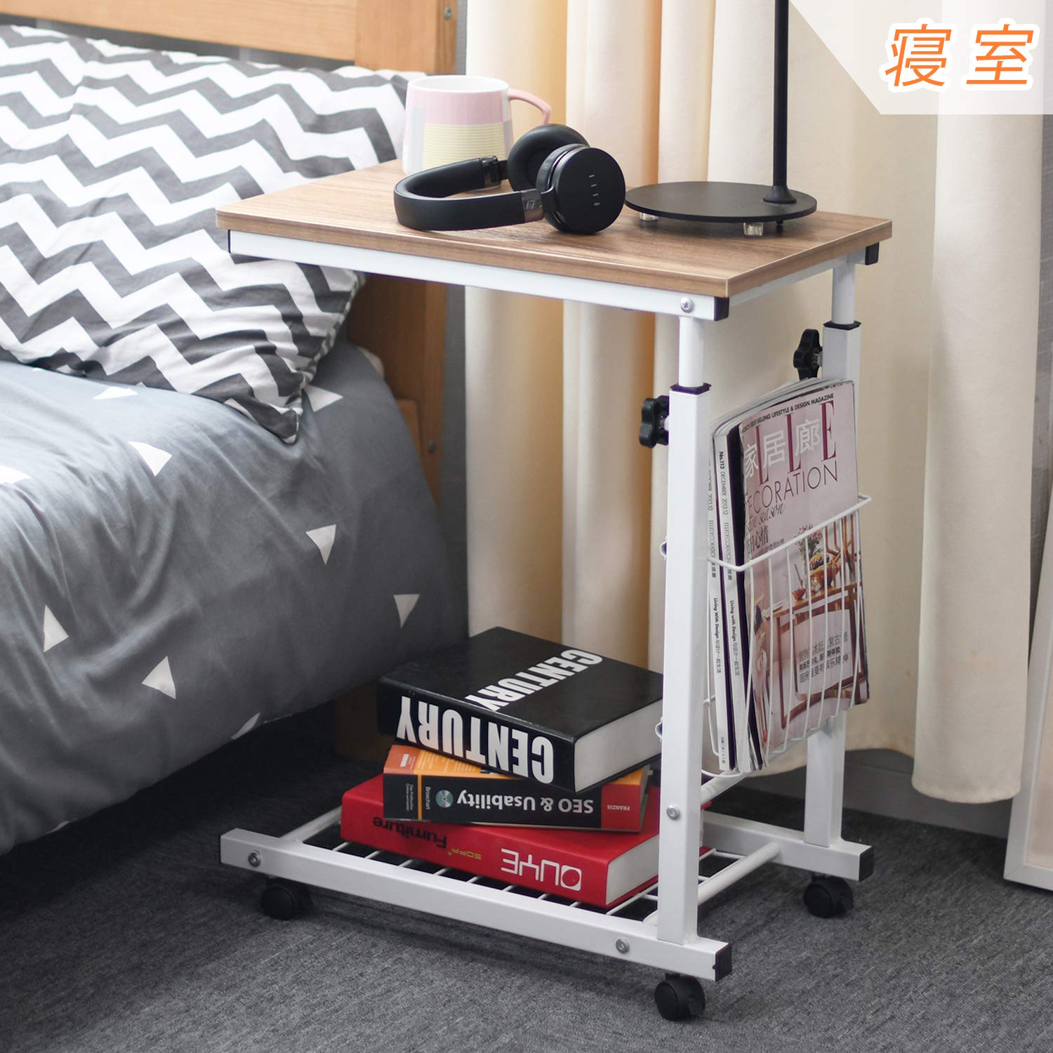 DlandHome Carrito de cama ajustable en altura 56 ~ 76 cm mesa auxiliar para sofá pequeña mesa baja con ruedas en forma de U con cesta soporte para ordenador portátil para lectura, roble
