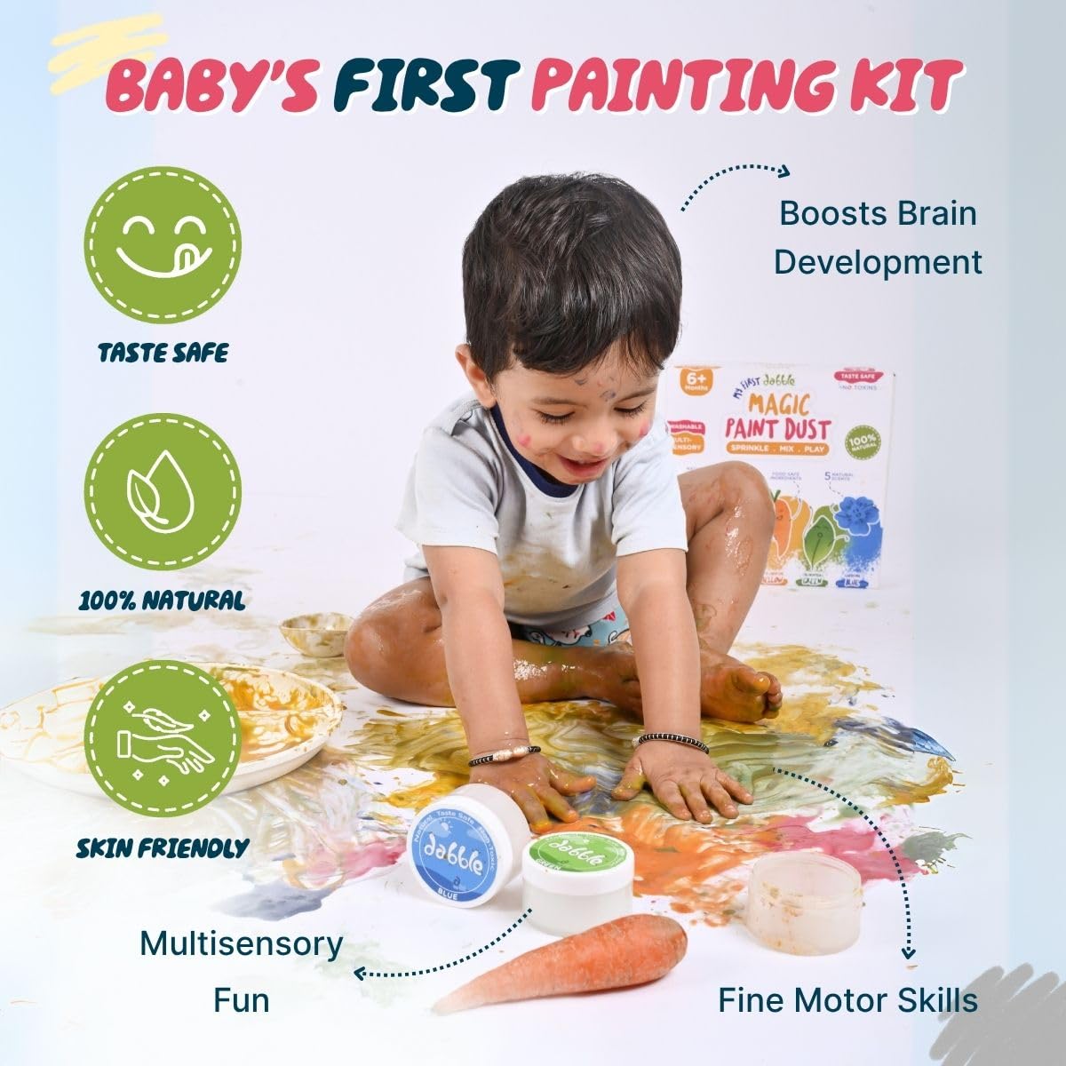 dabble Magic Paint Dust + Jumbo Brush Set – Taste-Safe, Baby Safe, Non-Toxic Finger Paint for Babies 6 Months+ | 5 Natural Colours for Sensory Play | First Art Kit for Kids - Image 3 thumbnail
