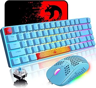 60% Mechanical Gaming Keyboard Blue Switch Mini 68 Keys Wired Type C 18 Backlit Effects,Lightweight RGB 2400DPI Honeycomb Mouse,Gaming Mouse pad,Two Red Keycaps for Gamers and Typists (Blue)