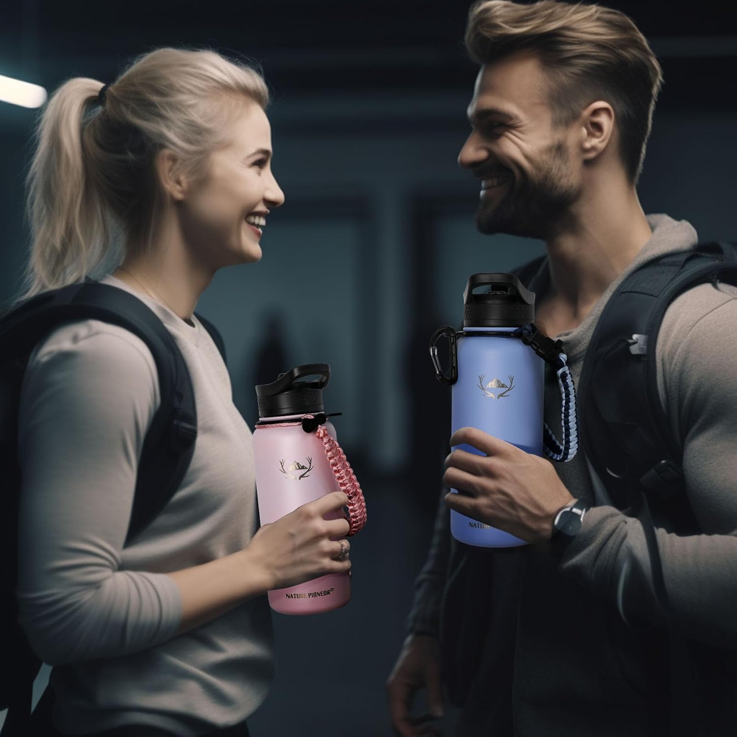 NATURE PIONEOR Insulated Water Bottles with Paracord Handle - 32 oz Vacuum Sports Wide Mouth Water Bottle with 3 Lids, Leak Proof Stainless Steel Keeps Hot and Cold