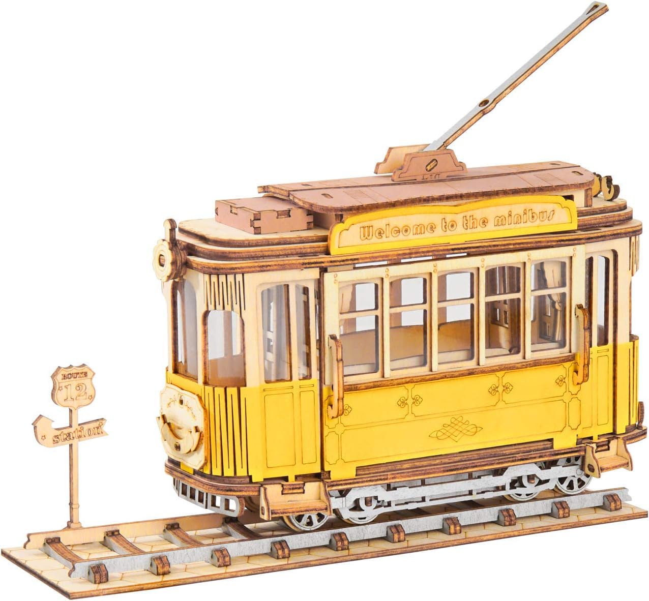 ROBOTIME3D Puzzle Tram Car Wooden Model Kits for Adult to Build Your Own Laser Cut Jigsaw Building Construction Crafts Kits and Best Birthday Gifts