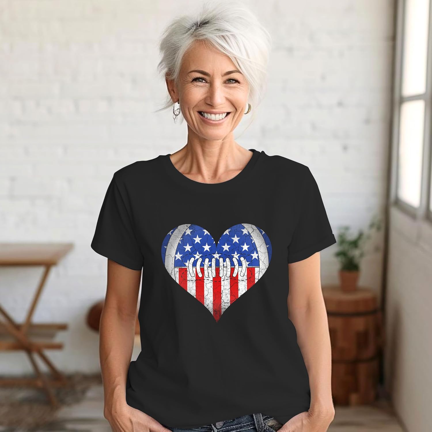 Football Heart American Flag 4th of July USA Shirt for Women Girls Funny Gift for Mom Wife Grandma Daughter