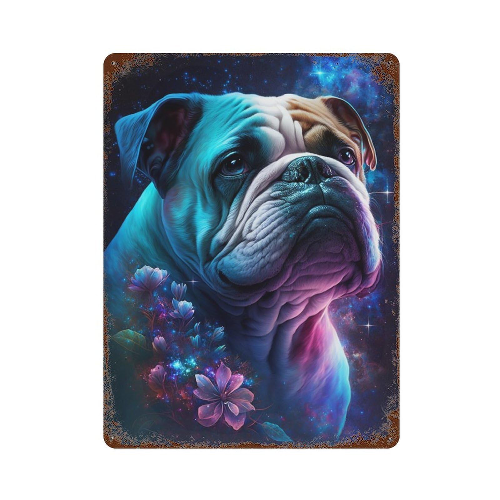 Galactic Bulldog with Flowers -3 15.7"x11.8" Decorative Tin Sign, Retro Wall Decor for Garage, Bar And Workshop Decor