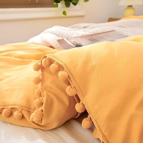 Miniatura 3 de INDACORIFY Juego de funda de edredón color amarillo mostaza con pompones, de algodón, estilo bohemio, 100 % algodón, lavado, tamaño Queen (doble, 80