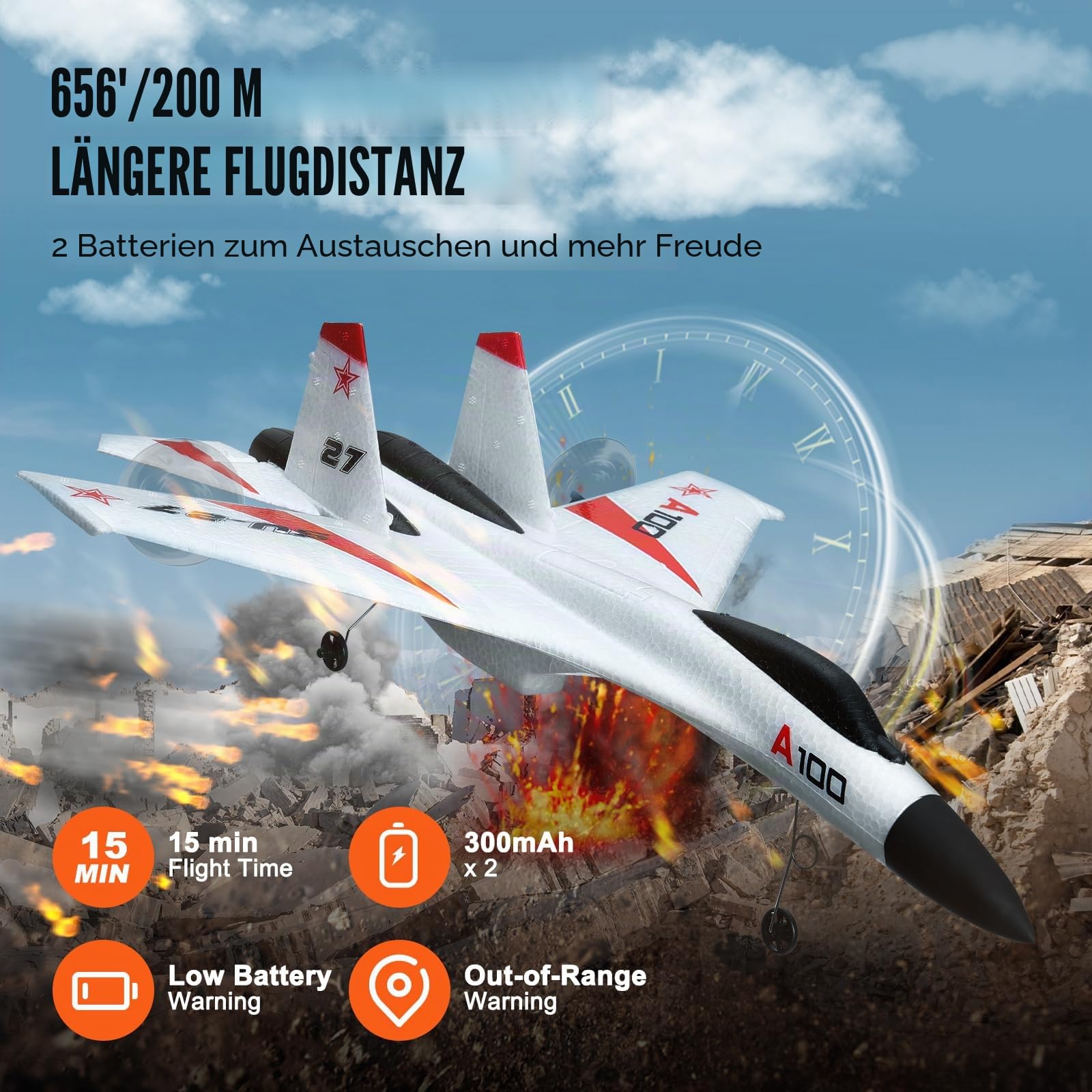 VEVOR RC-Flugzeug, 2,4 GHz 4-Kanal-Fernsteuerungsflugzeug mit 6-Achsen-Gyrostabilisator, Kampfflugzeug-Spielzeug mit 2 Batterien, leicht zu fliegendes RC-Segelflugzeug für Erwachsene, Kinder, Anfänger