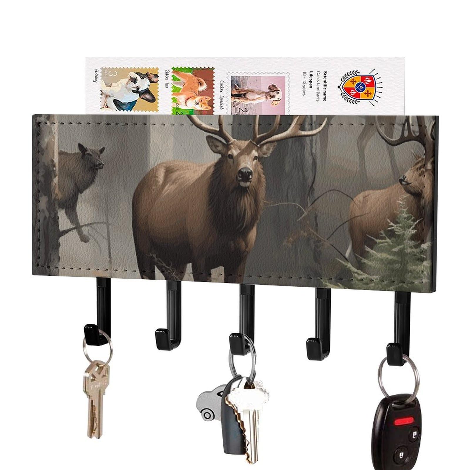 DWVTSLH Hunting Deer Bear Elk Key Holder for Wall, Decorative Key Hooks with Mail Organizer & 5 Hooks, Self Adhesive Leather Key Hanger for Entryway, Wall Mounted Key Rack (7.1” X 4.3” X 0.9”)