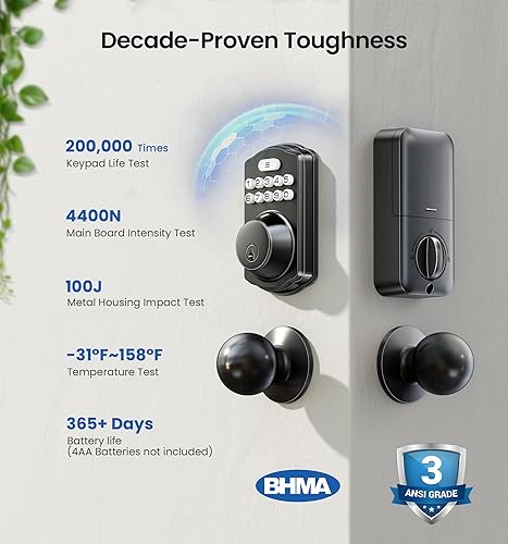 Miniatura 5 de Veise Cerradura de puerta de entrada sin llave con 2 perillas, cerrojo electrónico retroiluminado con asa, bloqueo automático, códigos únicos,