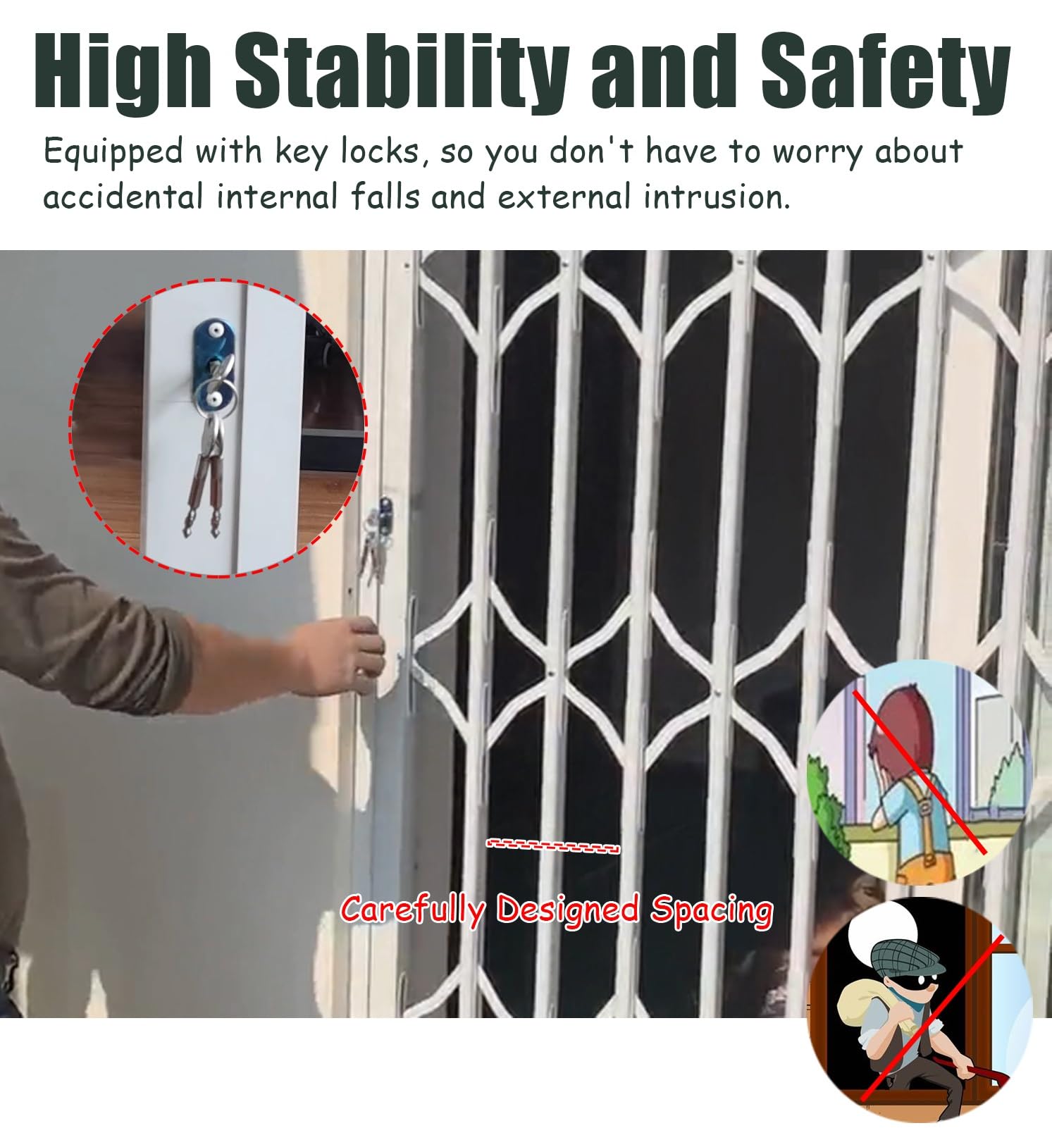 Folding Security Bars With Blokada Okna Dekoracyjne Ochraniacze Do Wnętrz 30-48 cali Szerokości Zapobiegające pękaniu Idealne do piwnicy i bezpieczeństwa w domu (117 x 105 cm)