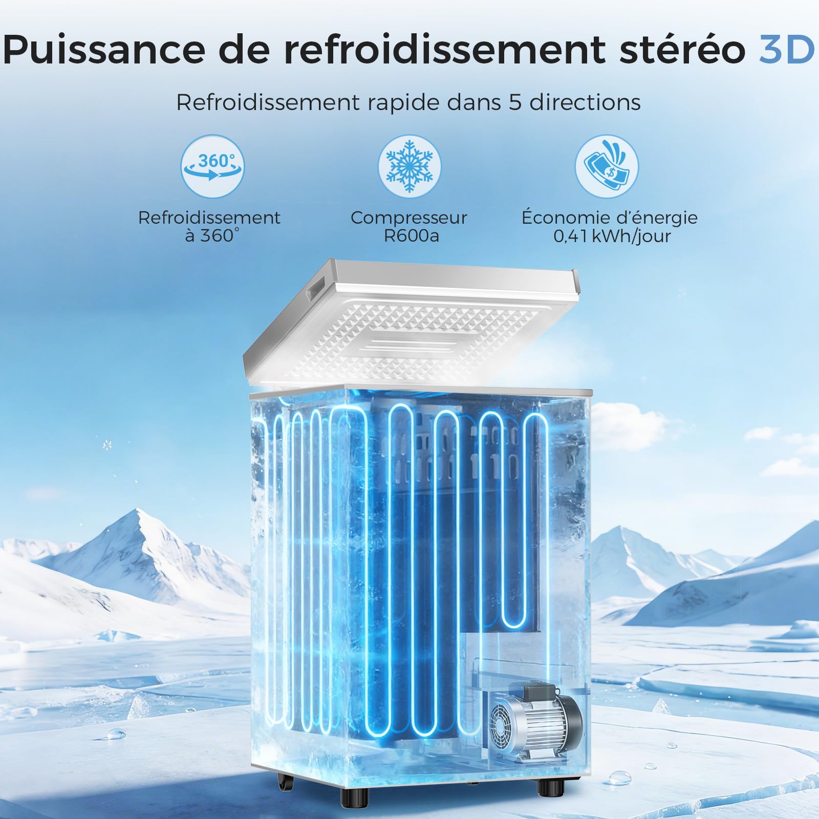 YASHE Congélateur coffre 100L, pose libre, Gris | 2 paniers amovibles, 6 niveaux de température, faible consommation d'énergie et fonctionnement silencieux de 45 dB
