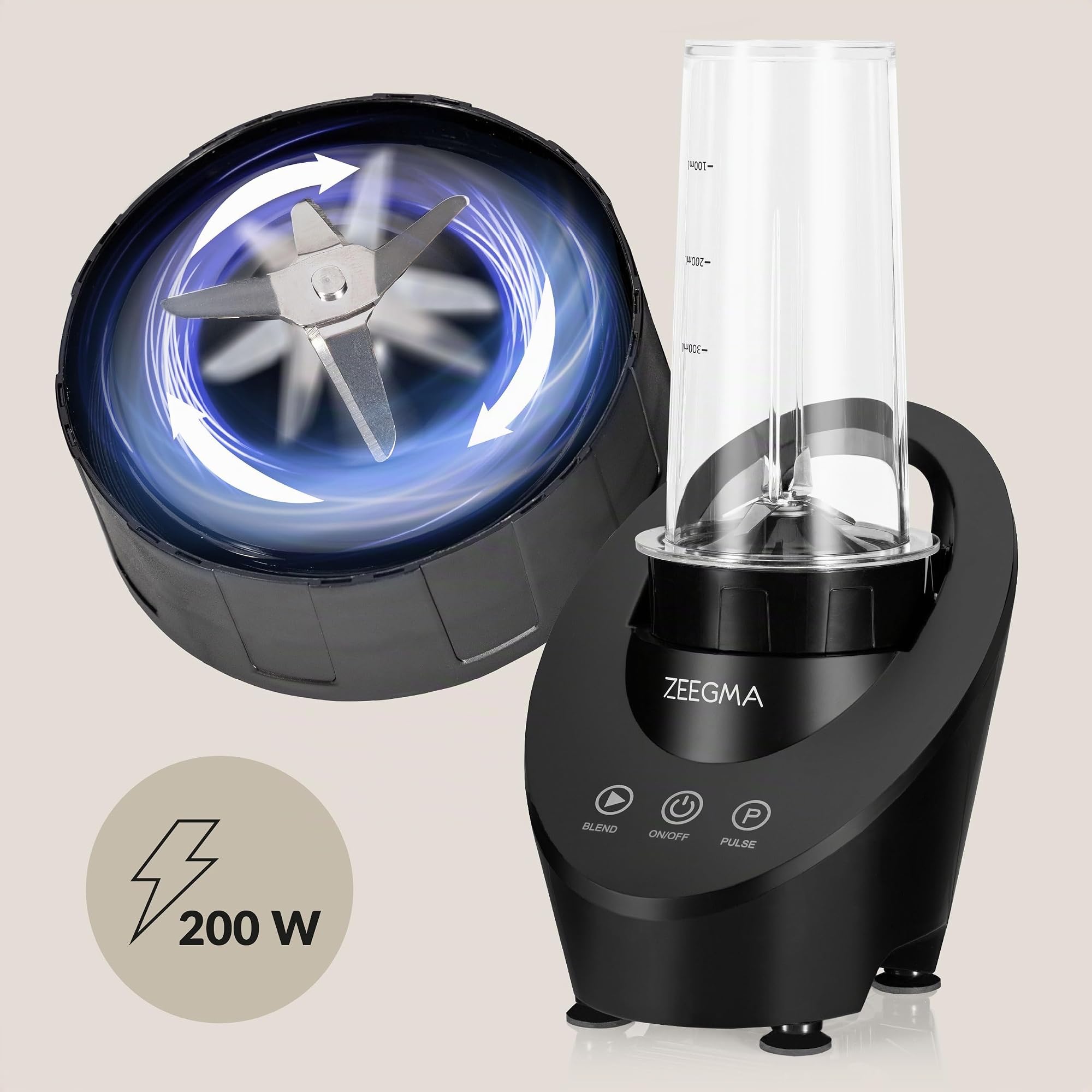 ZEEGMA Vitamine Ferro Mini Frullatore Portatile 200 W | Azionamento Magnetico, 2 Bottiglie da 300 ml, 2 Velocità, per Cocktail, Frullati, Ghiaccio e Noci